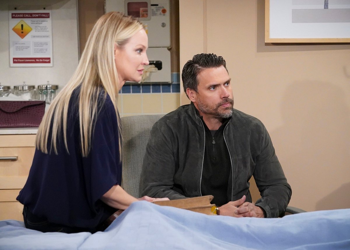 Actors Sharon Case and Joshua Morrow as their characters Sharon and Nick Newman in a scene from a March 2021 episode of 'The Young and the Restless.'