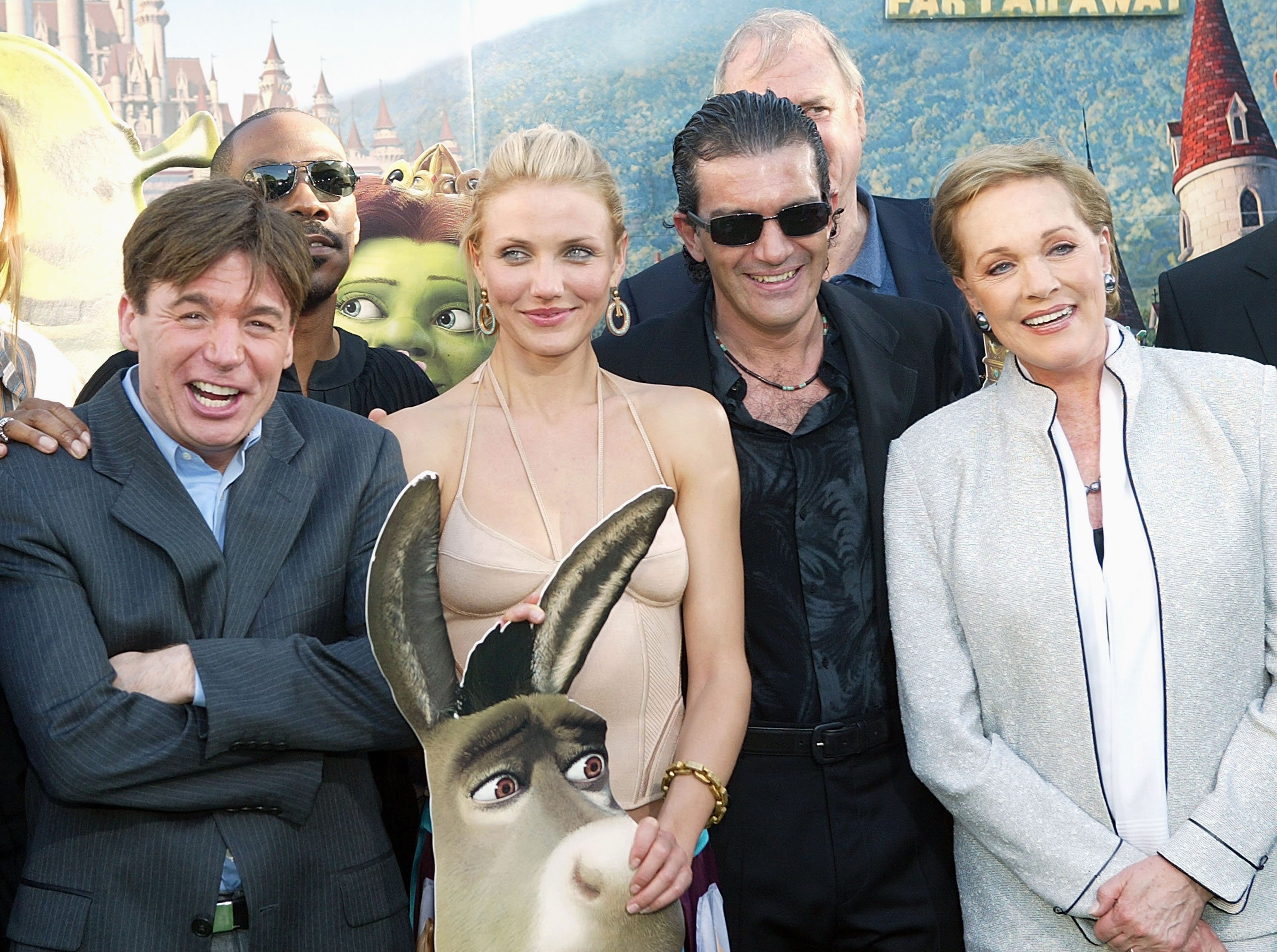Actors Mike Myers, Eddie Murphy, Cameron Diaz, Antonio Banderas, and Julie Andrews attend the premiere of the Dreamworks Pictures' film 'Shrek 2'