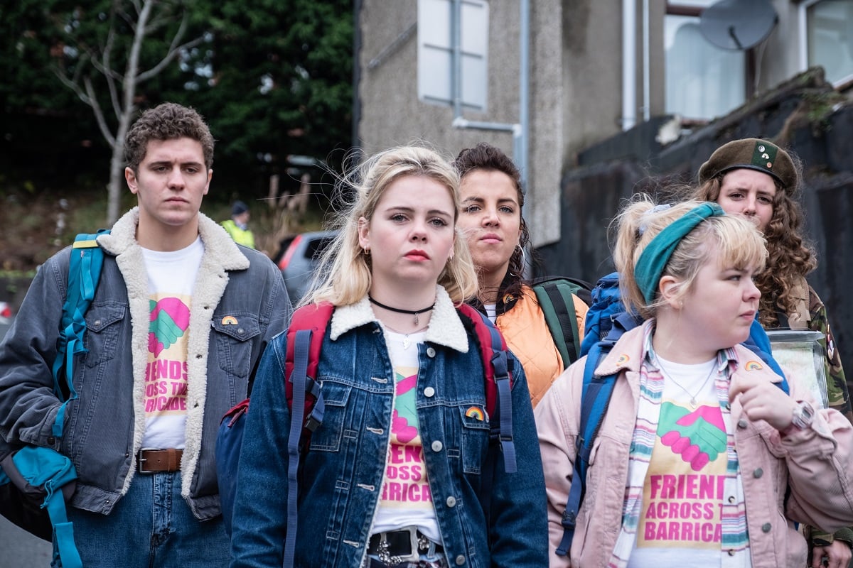 Production still of the 'Derry Girls' cast, Saorise-Monica Jackson, Louisa Harland, Nicola Coughlan, Jamie-Lee O'Donnell and Dylan Llewellyn.