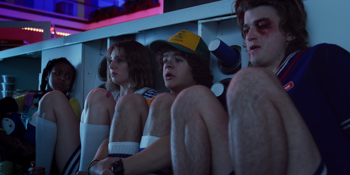 Priah Ferguson, Gaten Matarazzo, Maya Hawke, and Joe Keery in a production still from 'Stranger Things' Season 3.