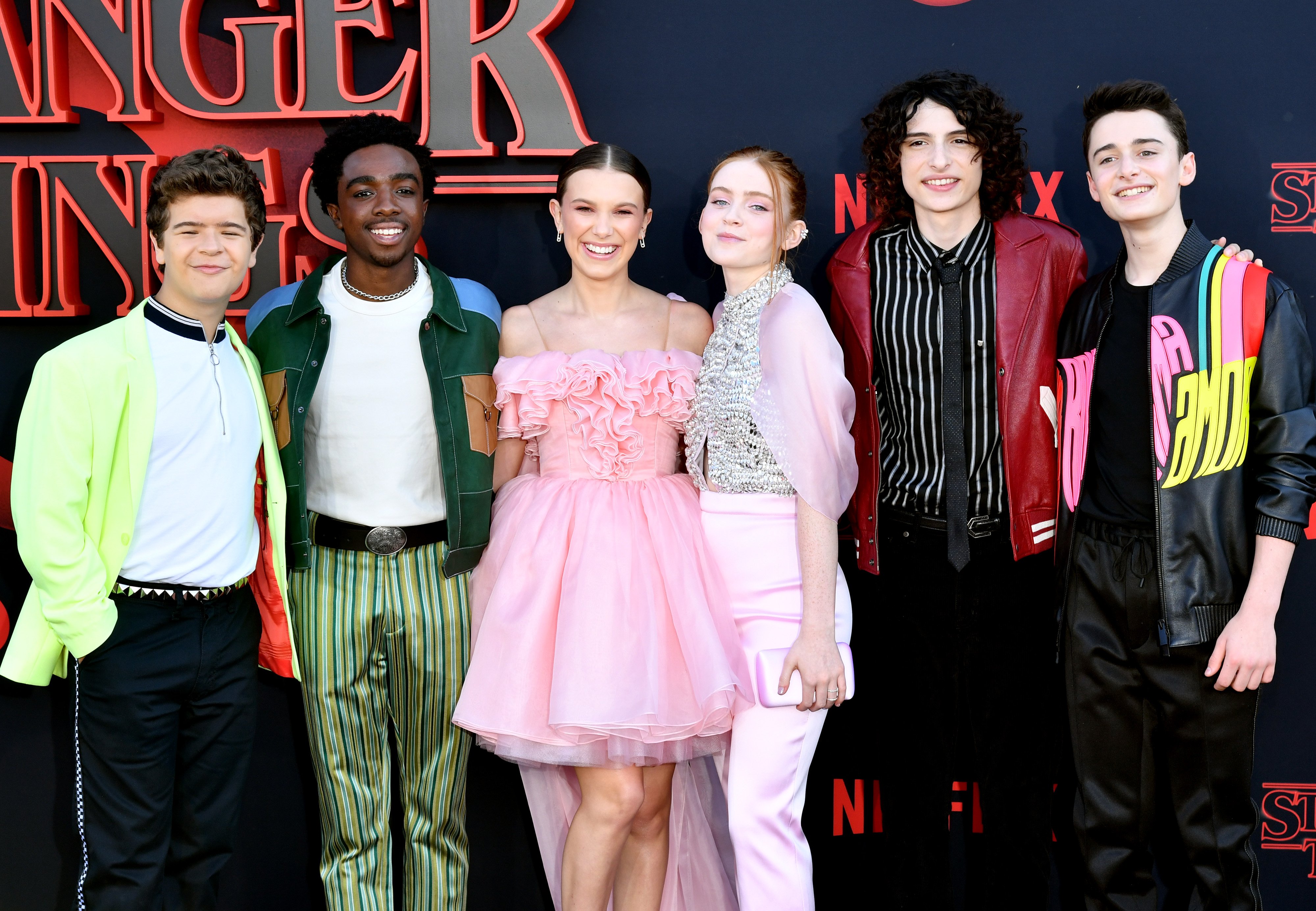 Gaten Matarazzo, Caleb McLaughlin, Millie Bobby Brown, Sadie Sink, Finn Wolfhard, and Noah Schnapp attend the premiere of Netflix's "Stranger Things" Season 3