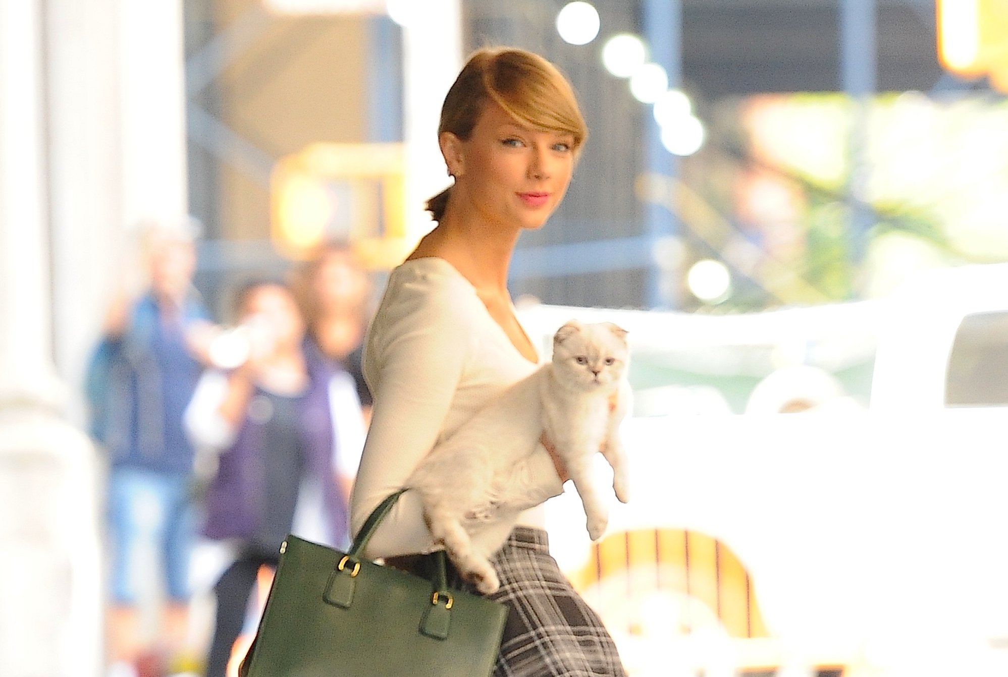 Taylor Swift walking in New York City with her cat, Olivia Benson, in 2014