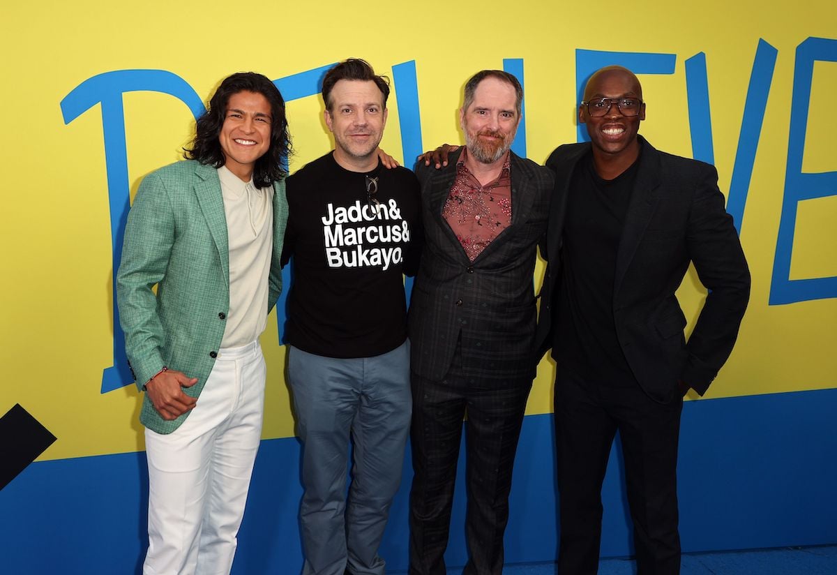 Cristo Fernández, Jason Sudeikis, Brendan Hunt, and Moe Jeudy-Lamour attend Apple's "Ted Lasso" season two premiere at Pacific Design Center on July 15, 2021 in West Hollywood, California. 