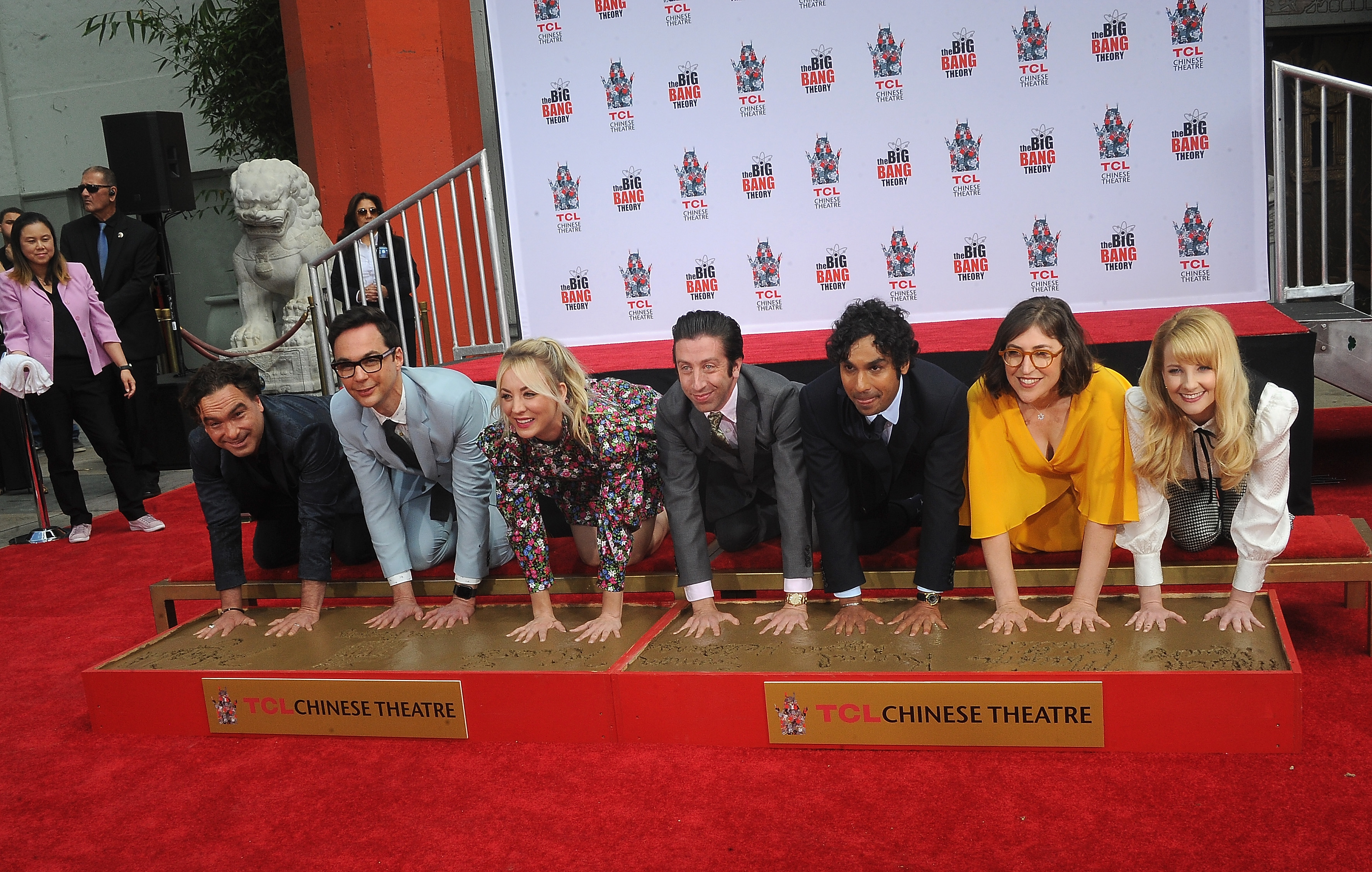 The cast of 'The Big Bang Theory' place their handprints in the cement in front of The TCL Chinese Theatre