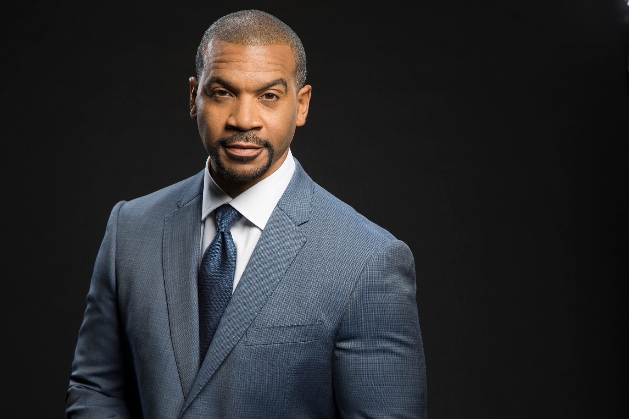 Aaron Spears of The Bold and The Beautiful, pictured here in a publicity photo wearing a blue suit