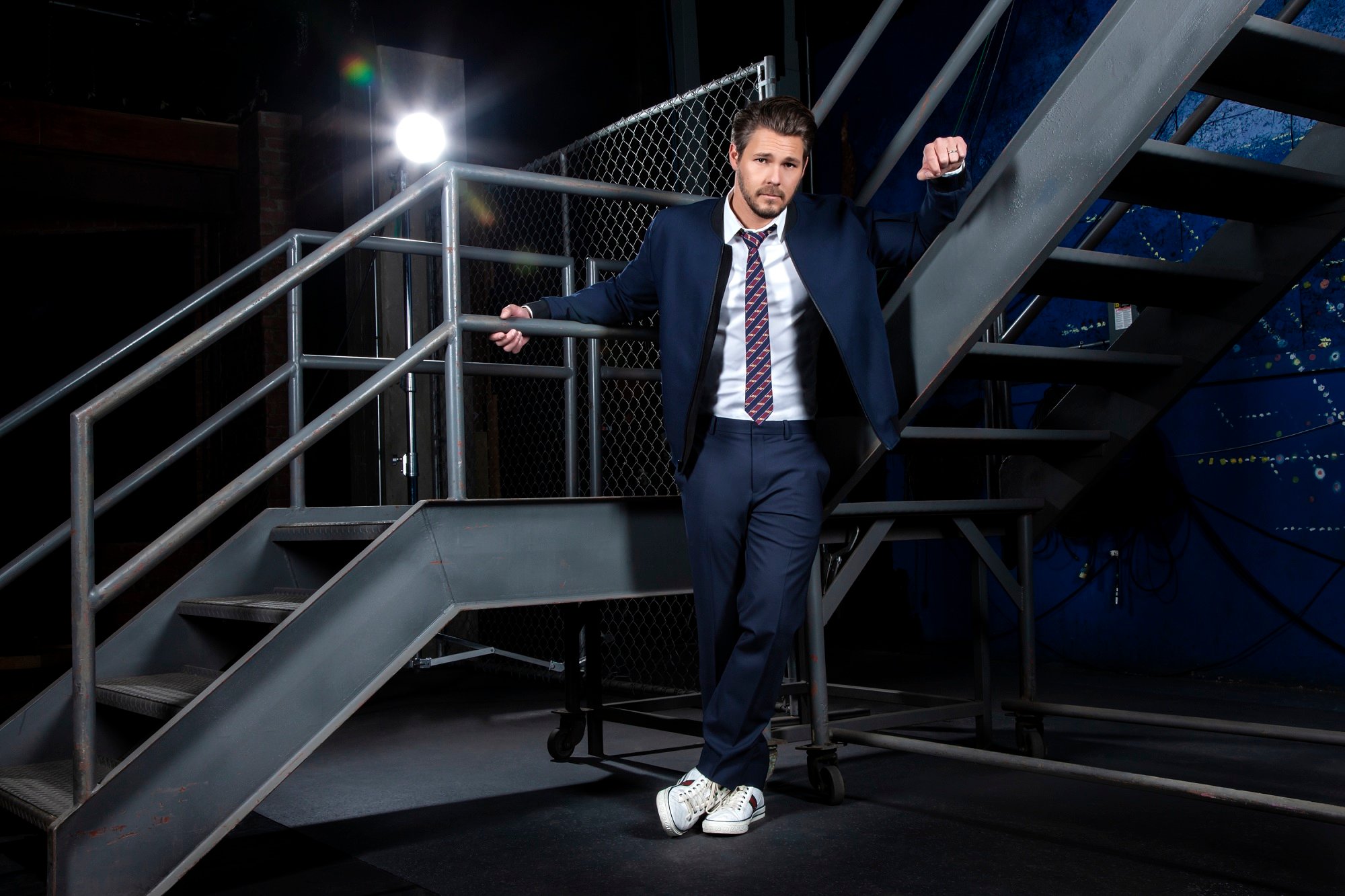 The Bold and the Beautiful spoilers focus on Liam Spencer, played by Scott Clifton, pictured here in a publicity photo wearing a blue tuxedo and white sneakers