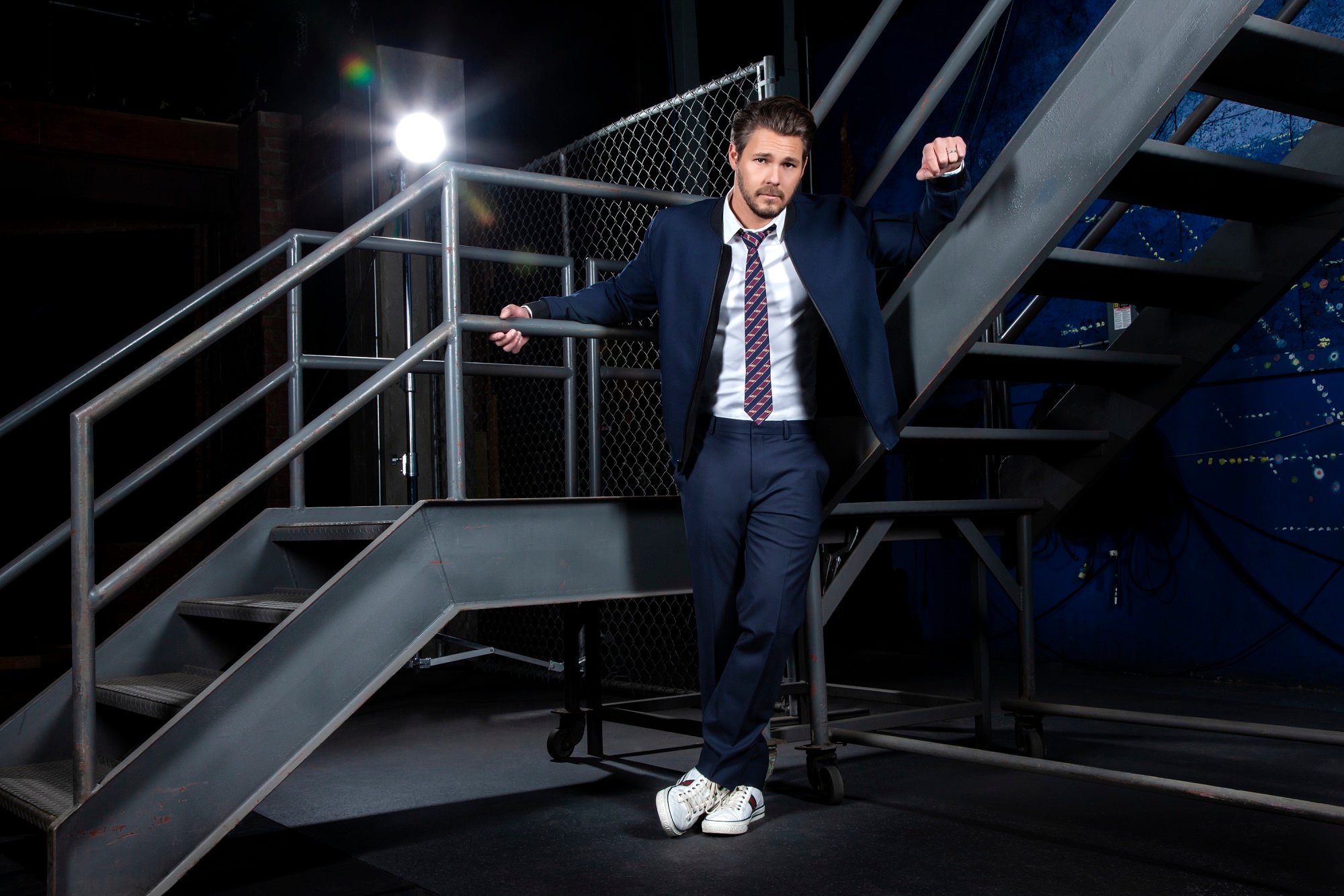 The Bold and the Beautiful spoilers focus on Liam Spencer, played by Scott Clifton, pictured here in a publicity photo wearing a blue tuxedo and white sneakers