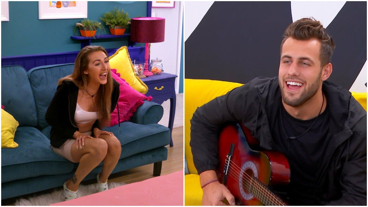 Chloe Veitch sitting on the couch in her apartment during 'The Circle' Season 2 Episode 2 and Mitchell Eason sitting down with a guitar during episode 7
