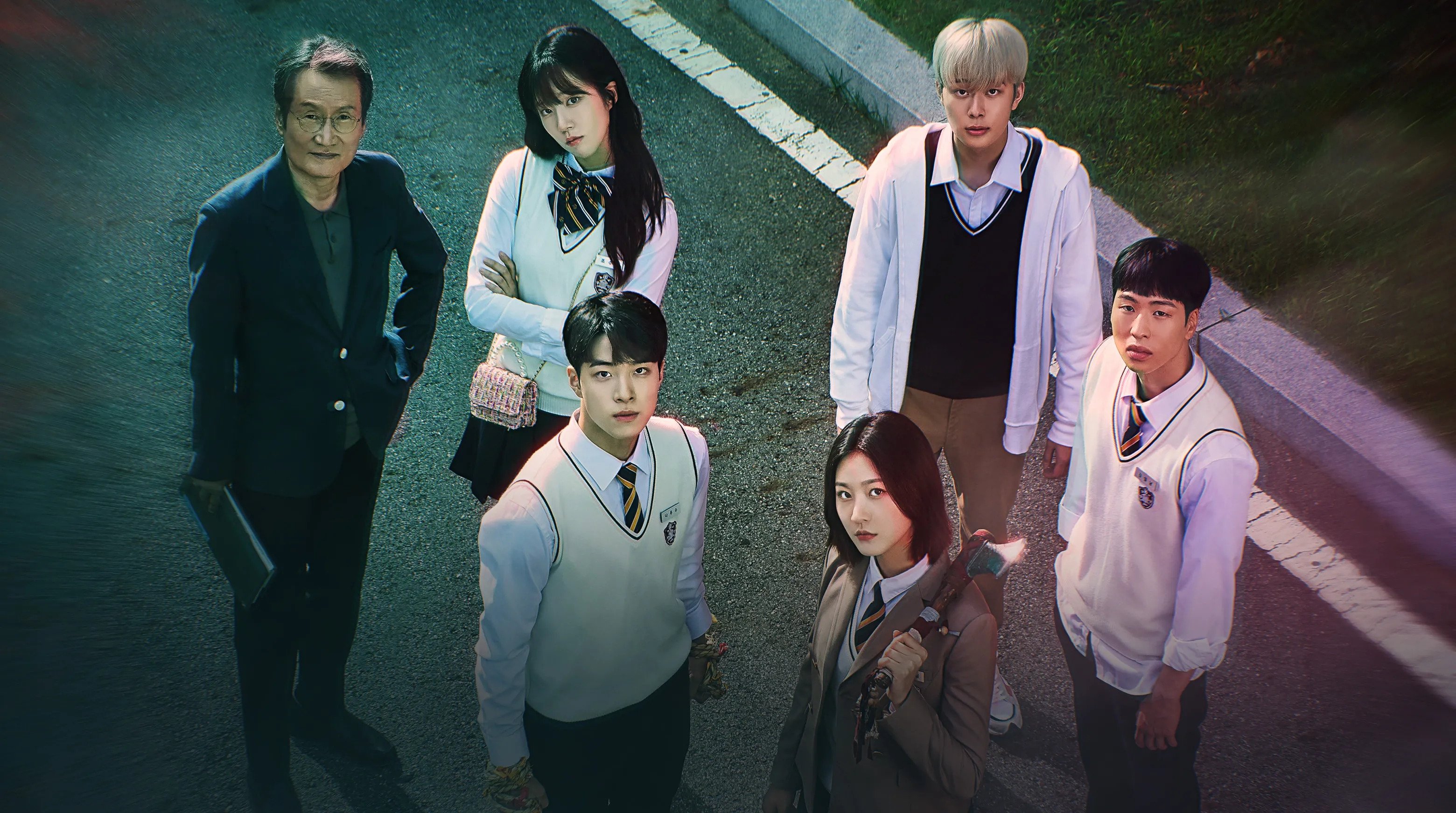 Characters Ga Doo Shim and Nam Da-Reum 'The Great Shaman Ga Doo Shim' wearing school uniforms