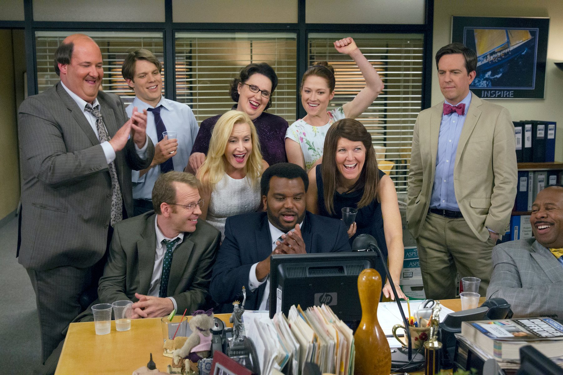 Brian Baumgartner as Kevin Malone, Jake Lacy as Pete, Paul Lieberstein as Toby Flenderson, Angela Kinsey as Angela Martin, Phyllis Smith as Phyllis Vance, Craig Robinson as Darryl Philbin, Ellie Kemper as Erin Hannon, Kate Flannery as Meredith Palmer, Ed Helms as Andy Bernard, Leslie David Baker as Stanley Hudson in 'The Office'