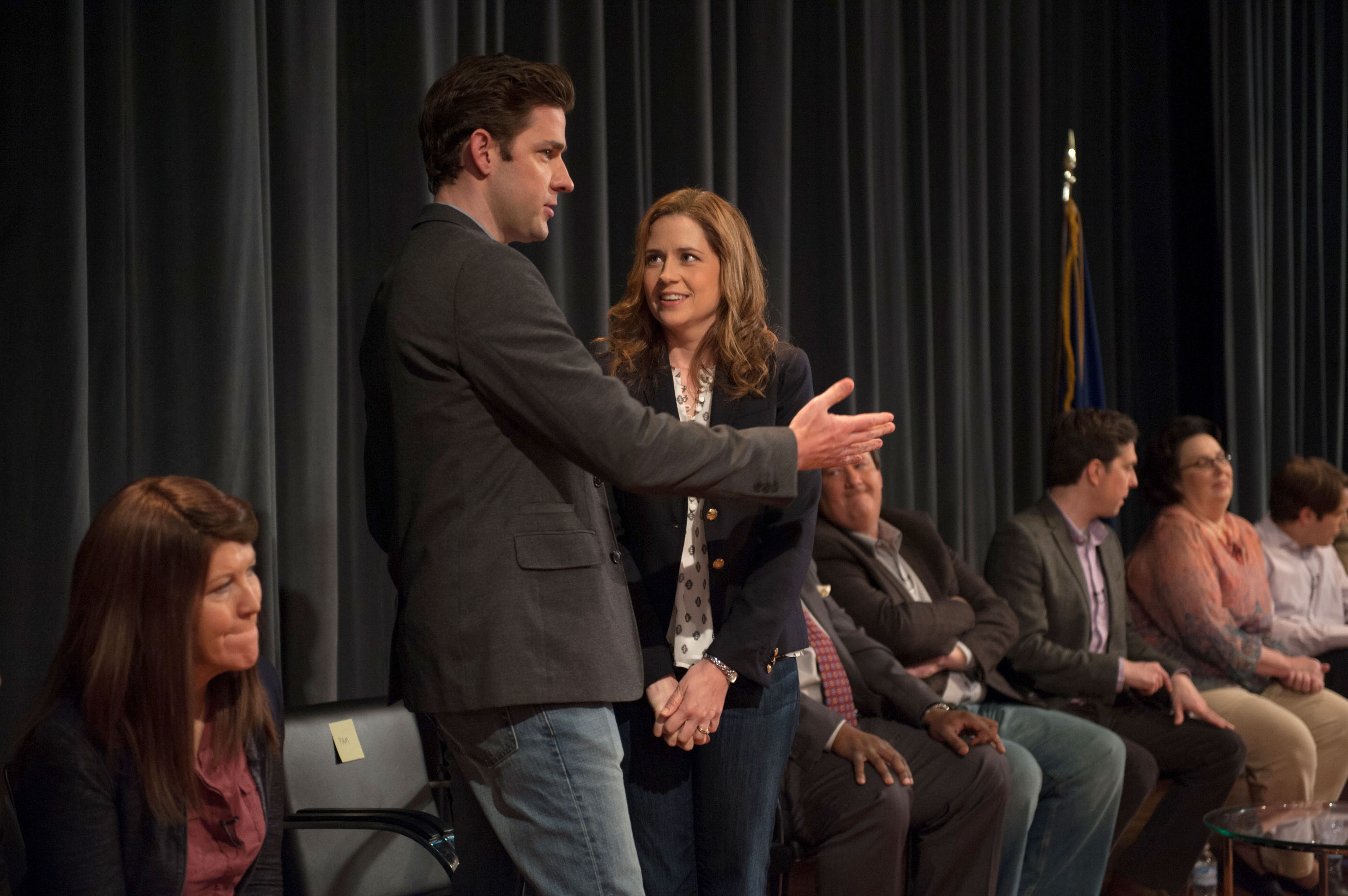 Kate Flannery as Meredith Palmer, John Krasinski as Jim Halpert, Jenna Fischer as Pam Beesly Halpert in the finale season of 'The Office'