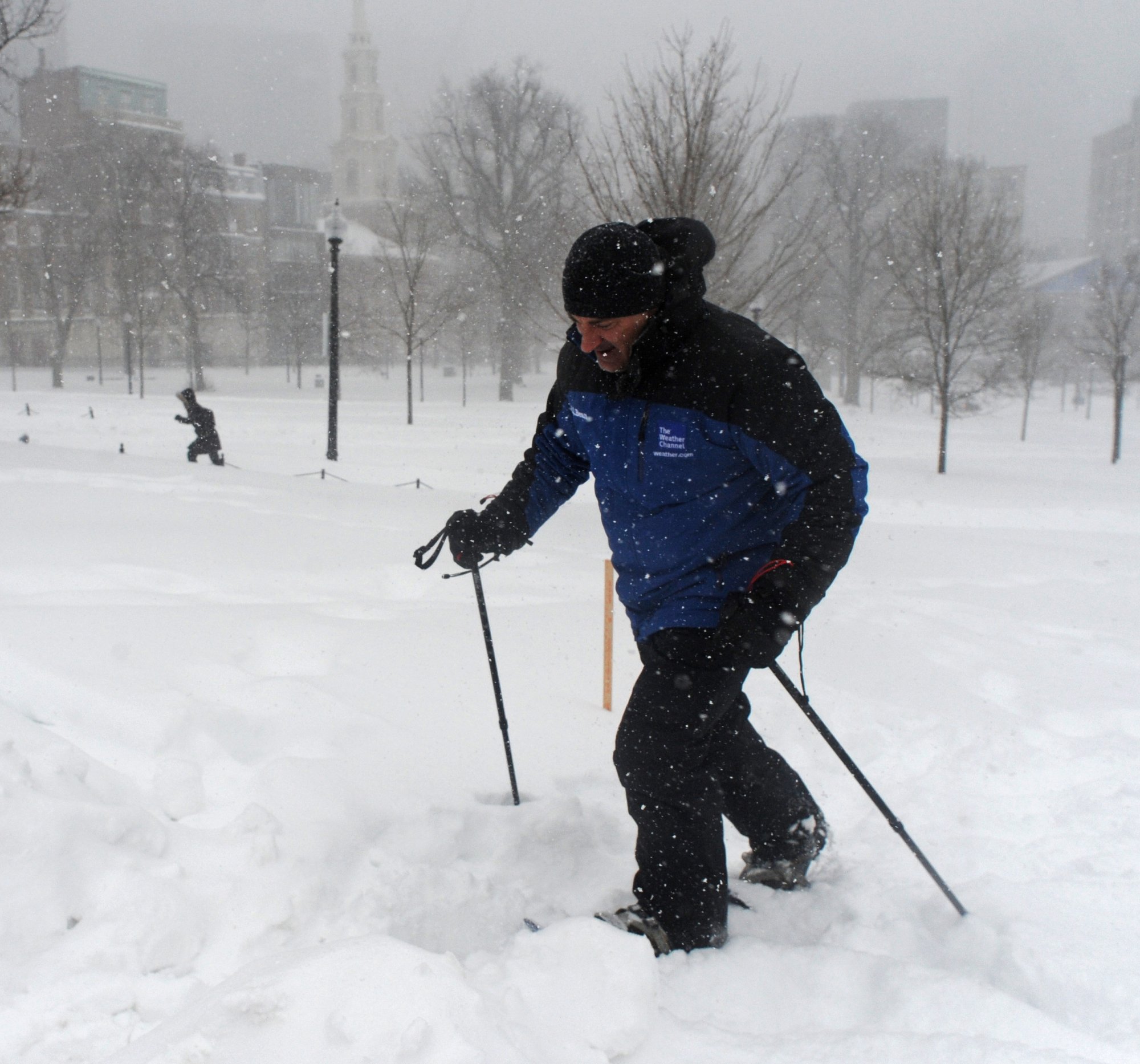 'The Weather Channel' meteorologist Jim Cantore walking through the snow as he reports on a blizzard in Boston