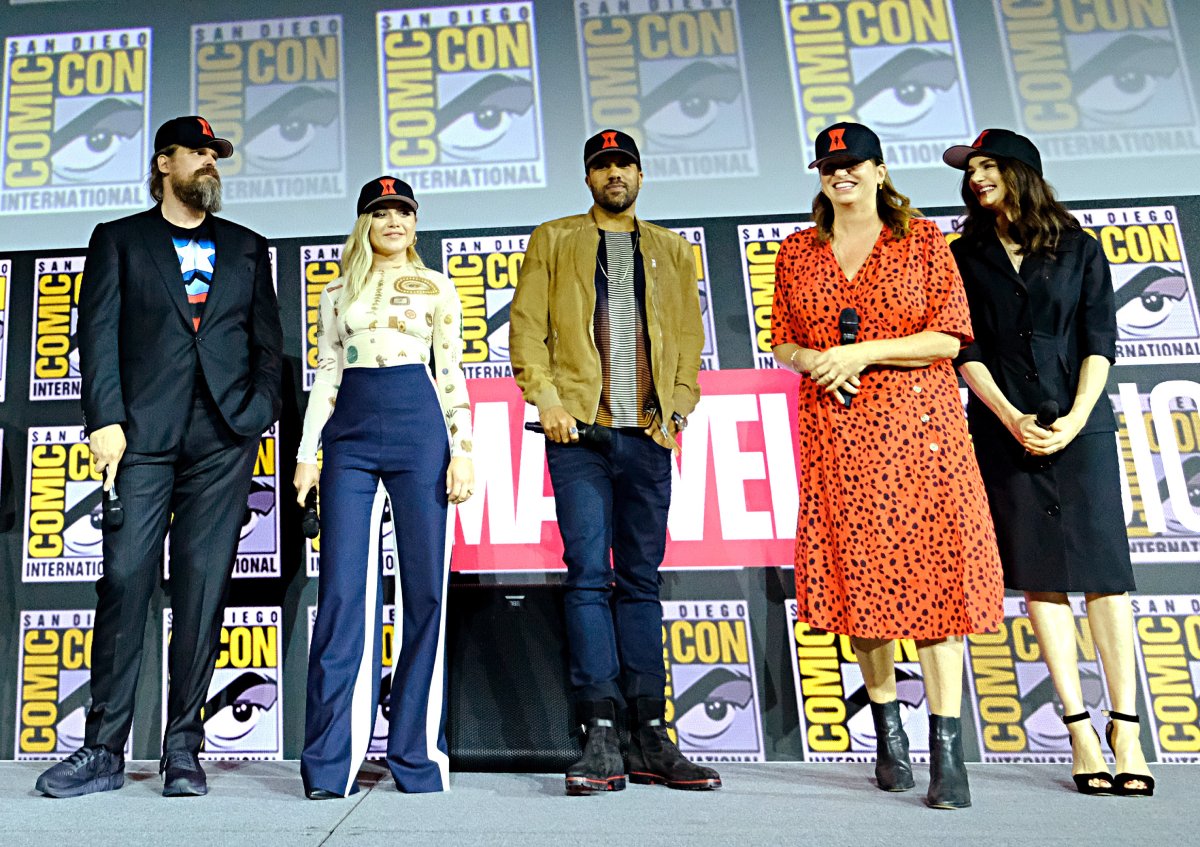 David Harbour, Florence Pugh, O-T Fagbenle, Director Cate Shortland and Rachel Weisz of Marvel Studios' 'Black Widow' at the San Diego Comic-Con International 2019 Marvel Studios Panel in Hall H on July 20, 2019 in San Diego, California