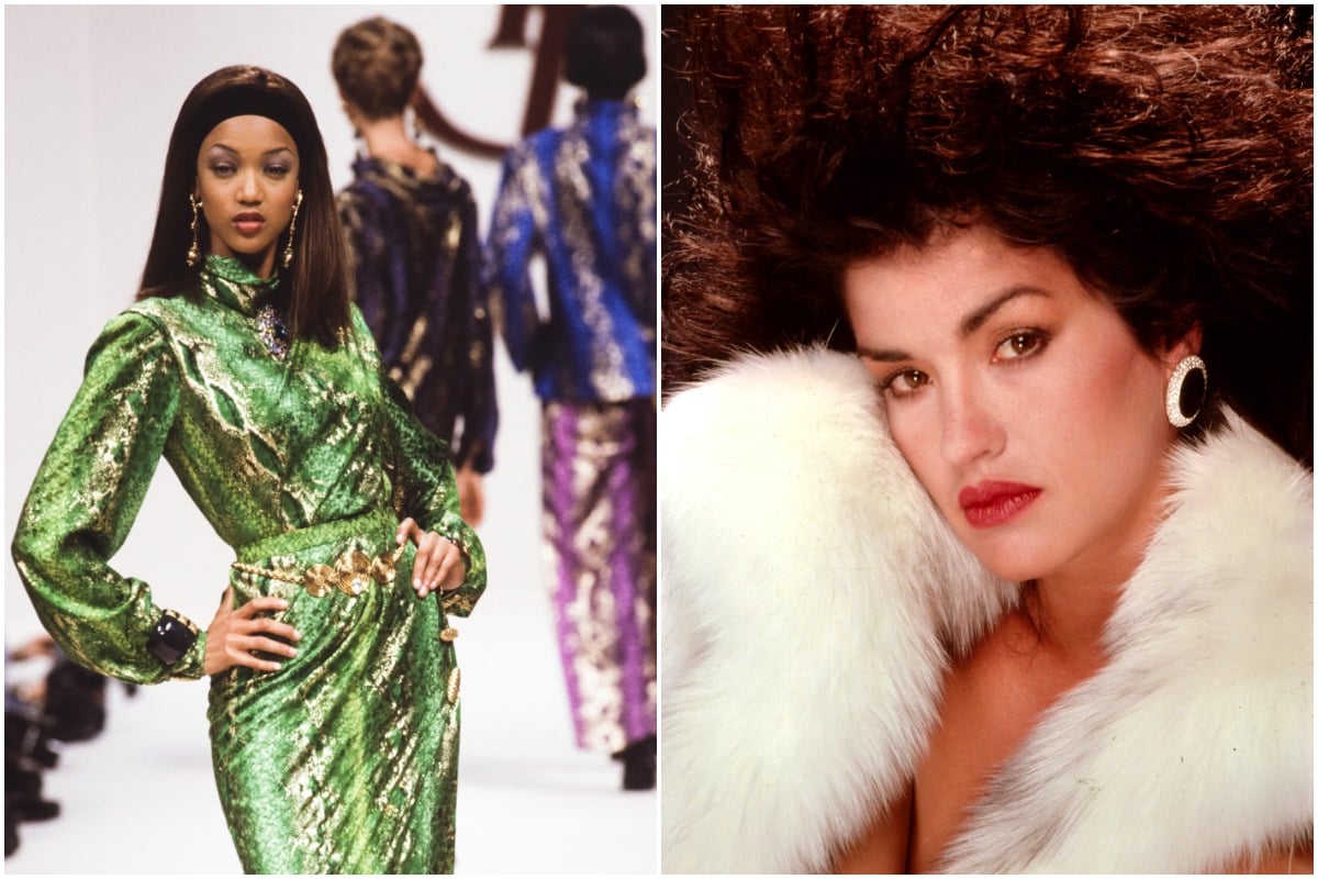 Tyra Banks and Janice Dickinson posing as models in two separate photos.