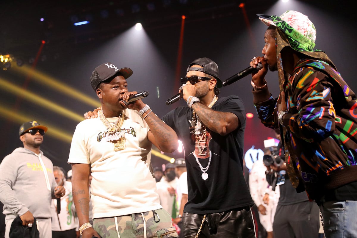 Jadakiss of The LOX (L) and Jim Jones and Juelz Santana of Dipset perform onstage during Verzuz: The Lox Vs Dipset