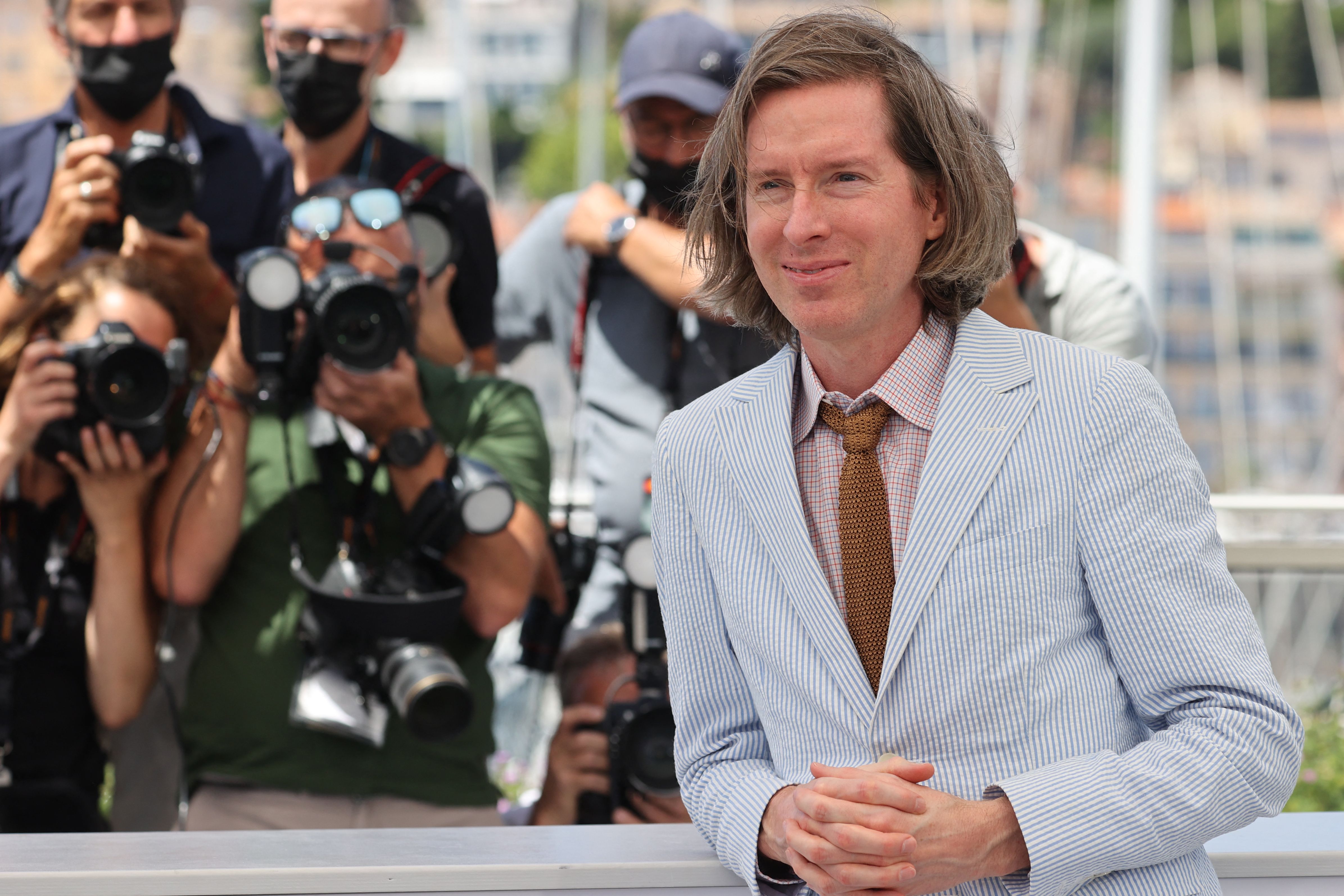 Us director Wes Anderson poses during a photocall for the film "The French Dispatch" at the 74th edition of the Cannes Film Festival in Cannes, southern France, on July 13, 2021.
