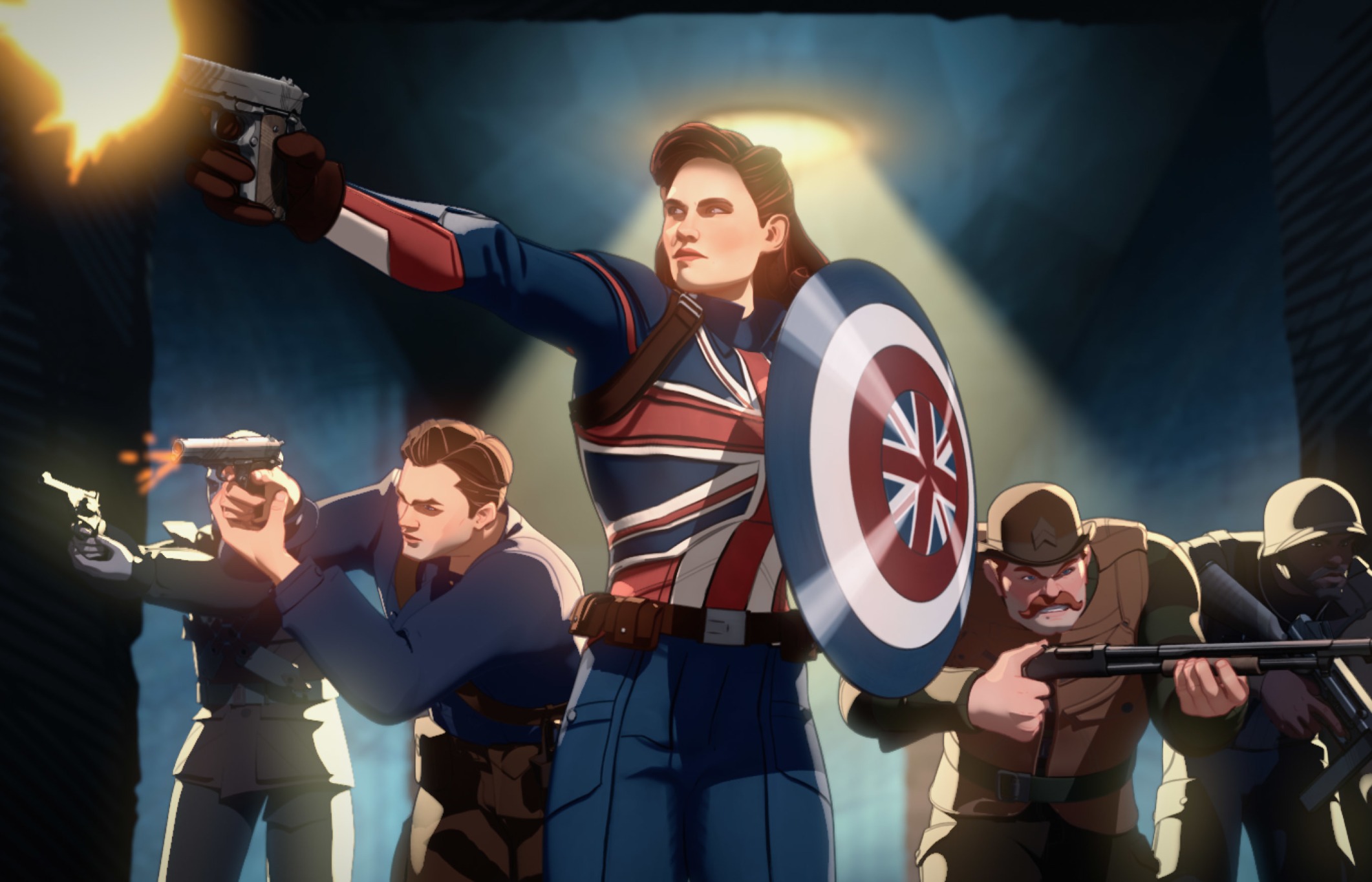 Marvel's What If...? scene showing Captain Carter wearing a costume with the British flag and holding a shield with the British flag. She's pointing a gun with the other hand, and two men behind her also hold guns.
