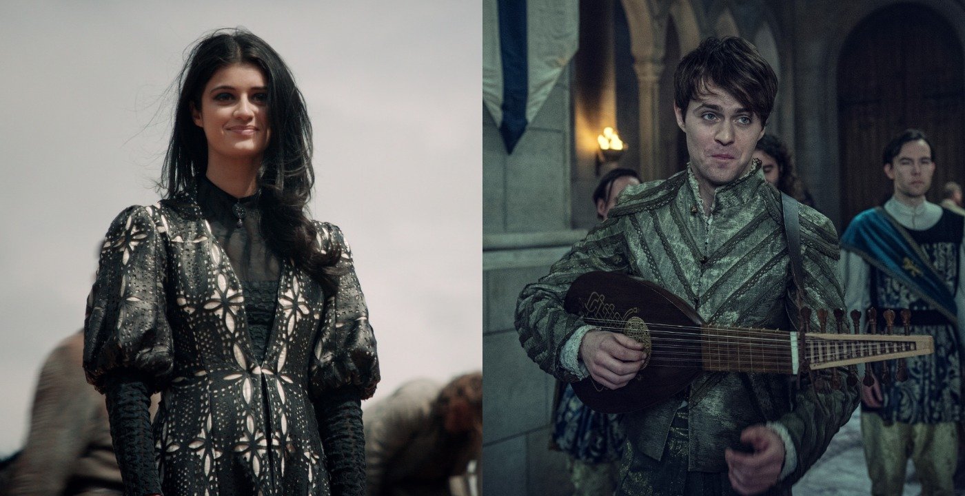 On the right, Yennefer (Anya Chalotra) wearing a black, lacy coat and dark eye makeup. She's standing there and smiling at something off-camera. On the right, Jaskier playing his lute for an audience during 'The Witcher' Season 1. According to showrunner Lauren S. Hissrich, the characters may reunite in 'The Witcher' Season 2.