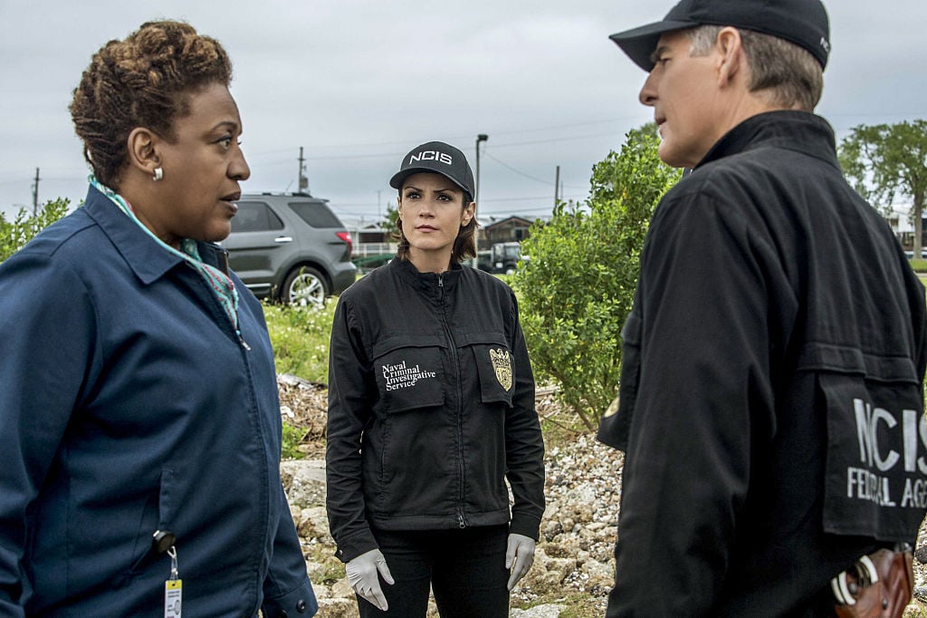 CCH Pounder as Dr. Loretta Wade, Zoe McLellan as Special Agent Meredith Brody, and Scott Bakula as Special Agent Dwayne Pride talk in the field while investigating a case.