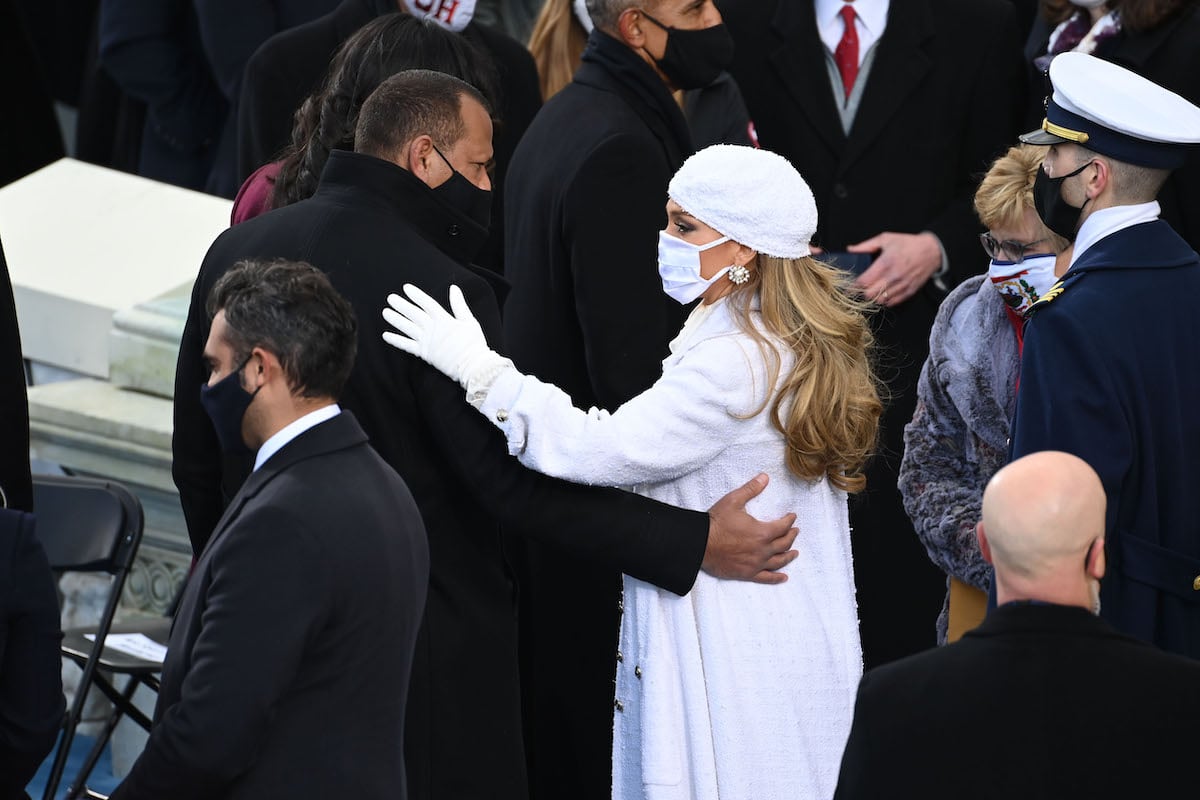 Jennifer Lopez (R) attends with husband Alex Rodriguez attend the 59th Presidential Inauguration at the U.S. Capitol on January 20, 2021 in Washington, DC. During today's inauguration ceremony Joe Biden becomes the 46th president of the United States.