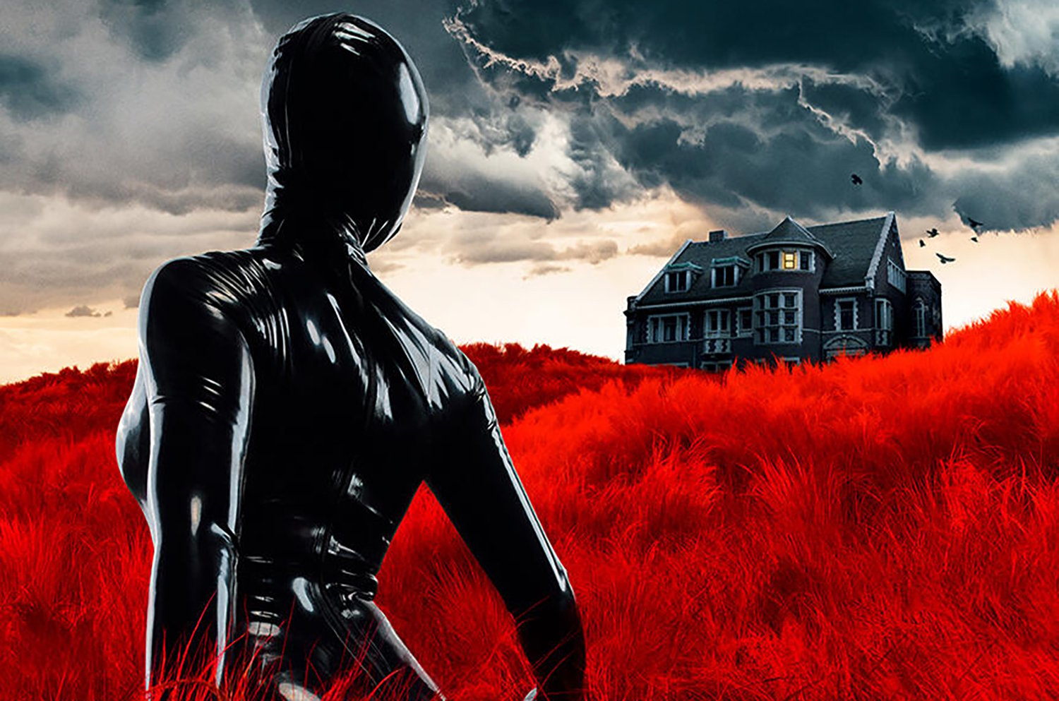 American Horror Stories Season 1 key art: a person in a black skin suit standing in red grass looking at a house in the distance