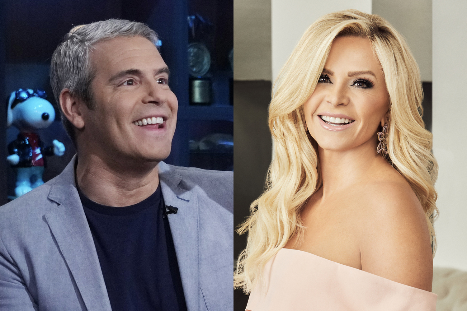 Andy Cohen smiling and wearing a gray jacket with a blue shirt. Tamra Judge smiles in a promotional photo for 'Real Housewives of Orange County.'