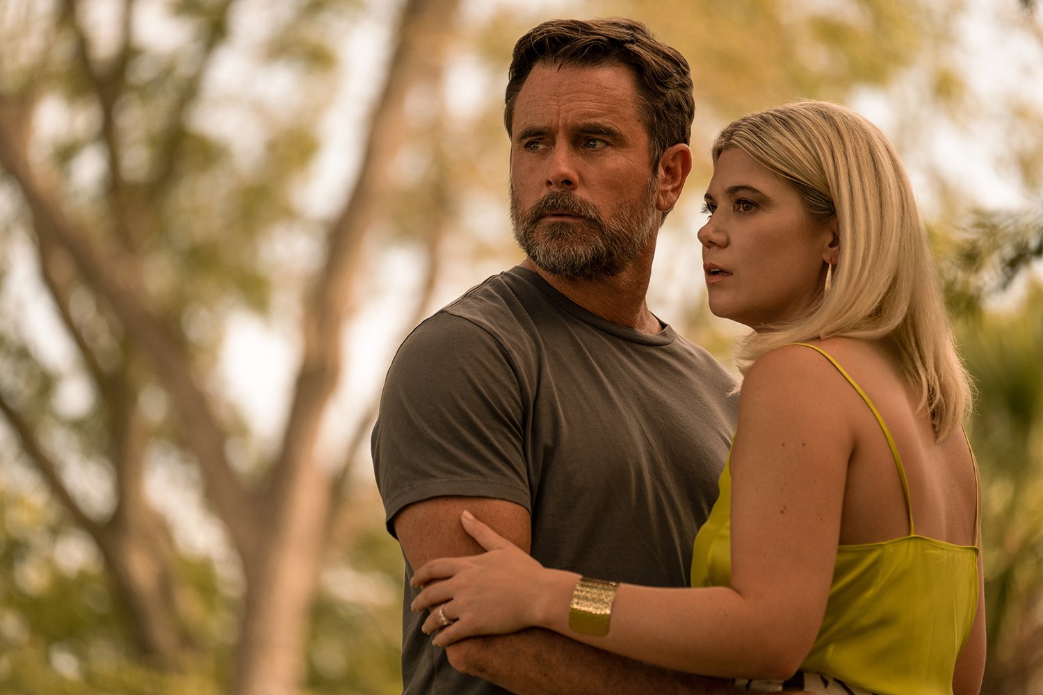 Charles Esten as Ward Cameron and Caroline Arapoglou as Rose Cameron in Outer Banks Season 2