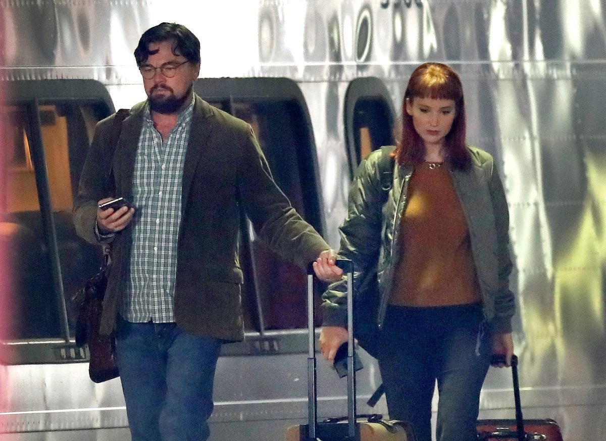 Leonardo DiCaprio and Jennifer Lawrence on set for 'Don't Look Up'