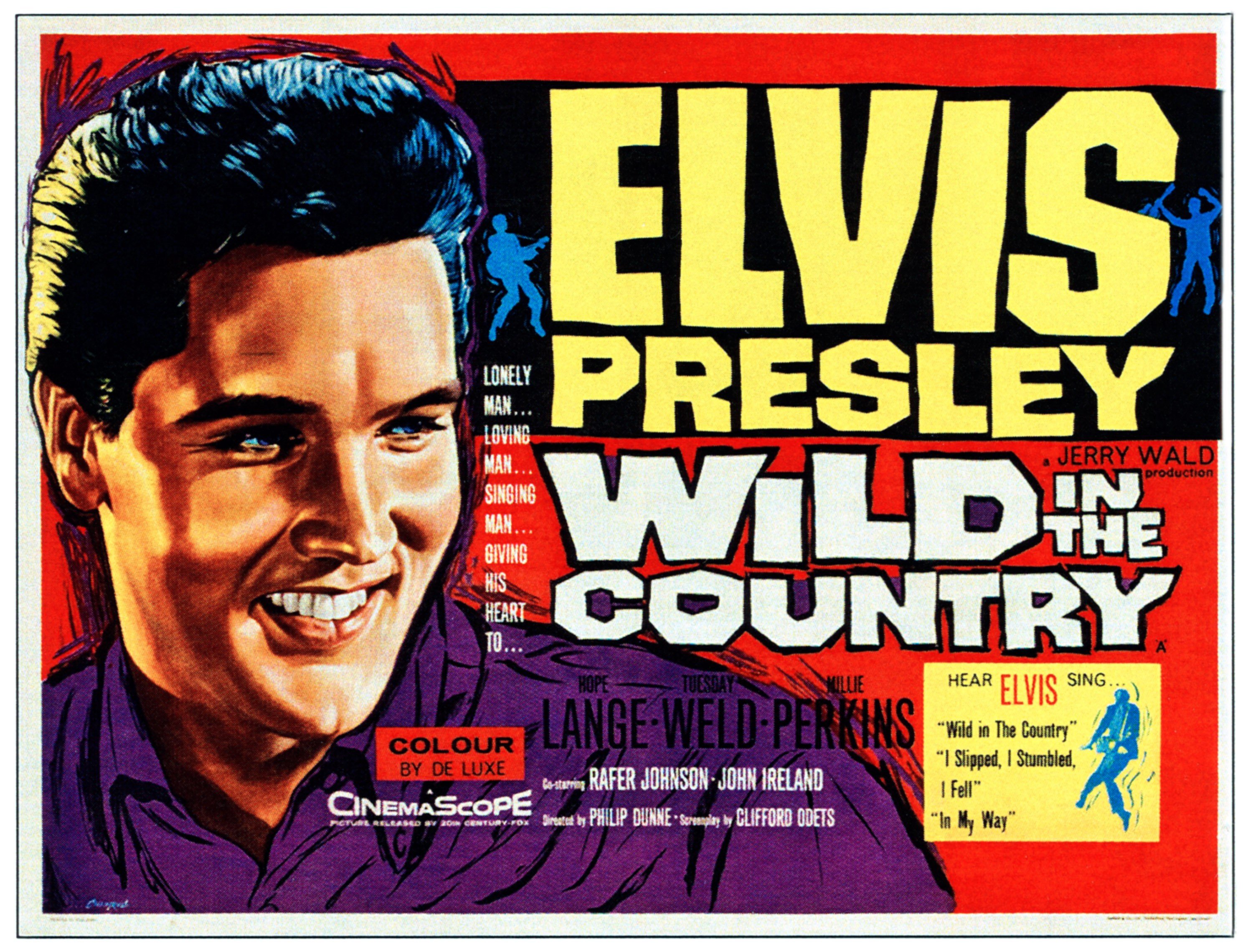 A poster for 'Wild in the Country' depicting Elvis Presley's face with a red background