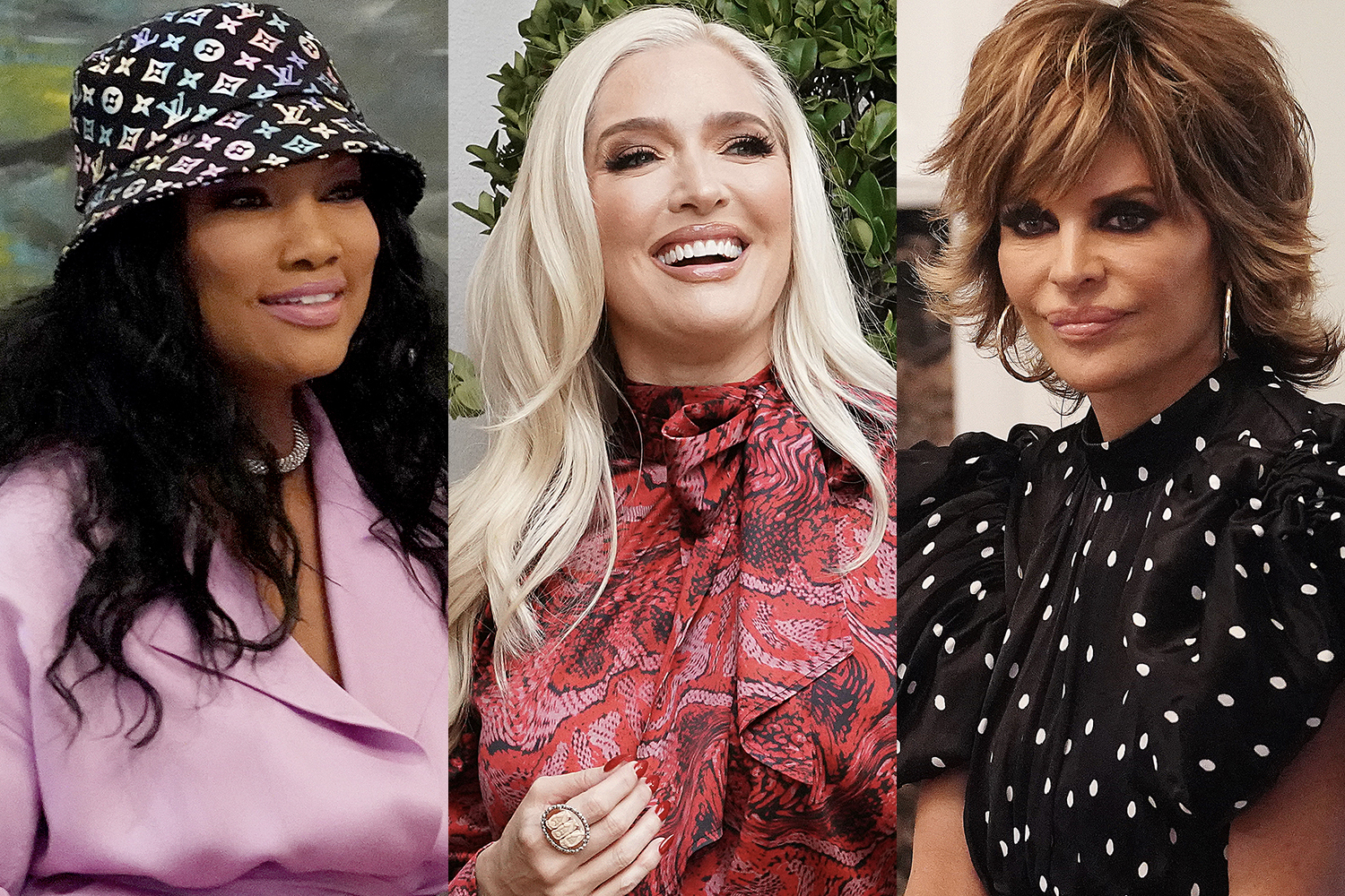 Garcelle Beauvais smiling, Erika Jayne smiling wide, and Lisa Rinna serious in multiple scenes from 'RHOBH'