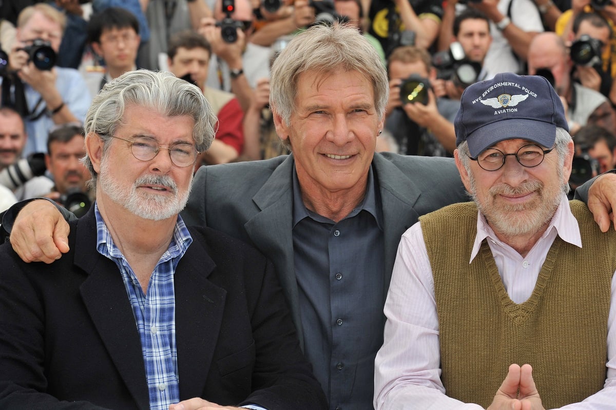 Harrison Ford (C), George Lucas (L) and Steven Spielberg at the photo call of 'Indiana Jones and the Kingdom of the Crystal Skull' during the 61st Cannes Film Festival.