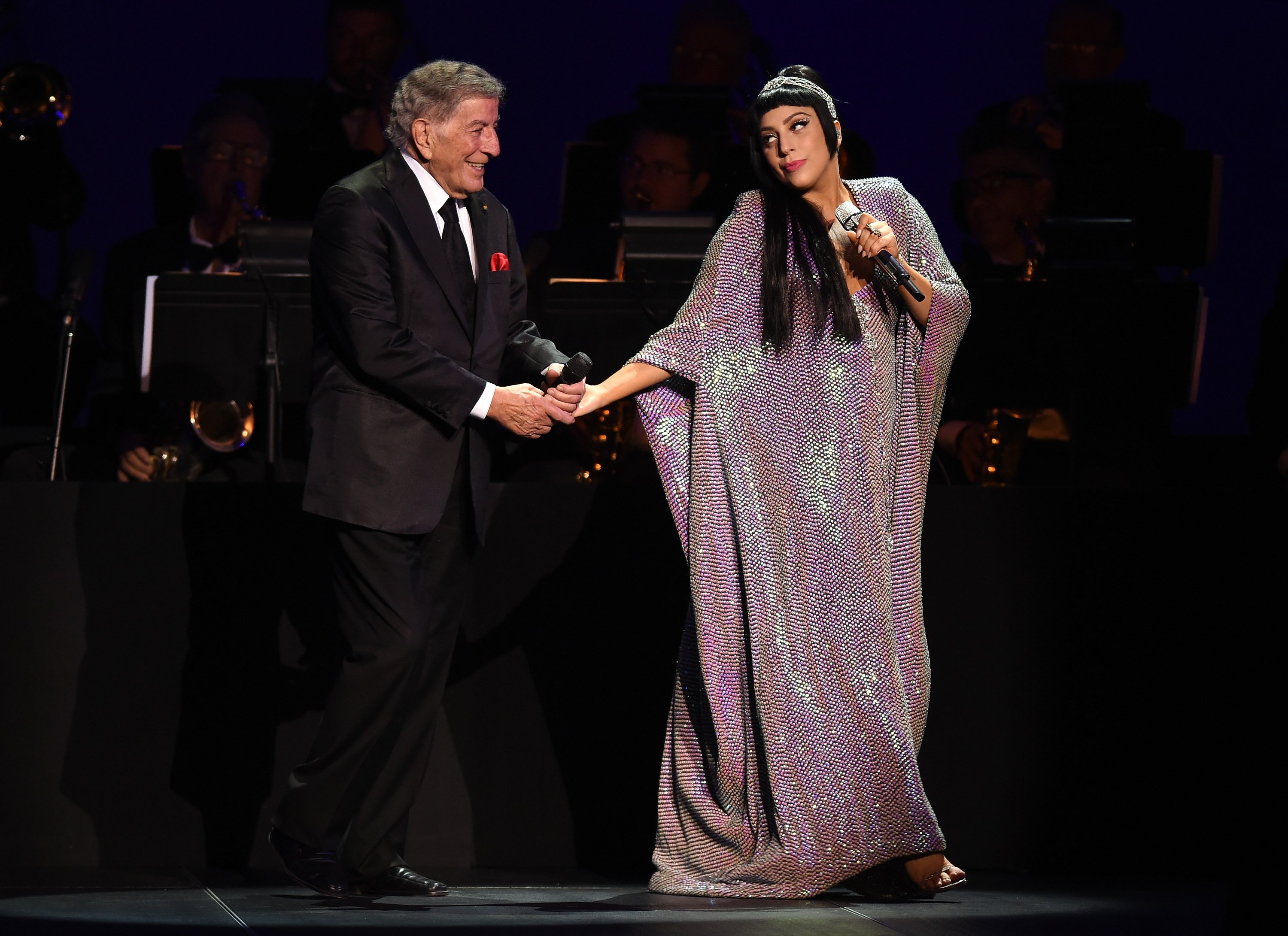 Tony Bennett singing songs with Lady Gaga in front of a piano