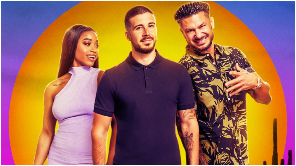 Nikki Hall, Vinny Guadagnino and Pauly D pose for a photograph.