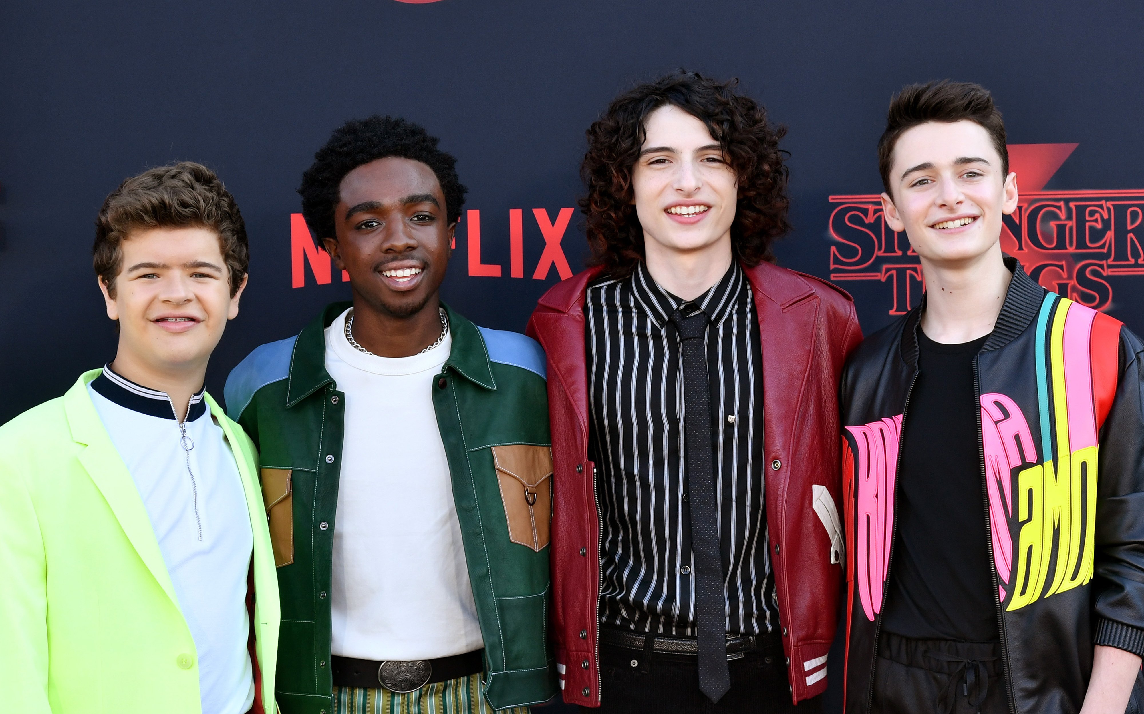 (L-R) Gaten Matarazzo, Caleb McLaughlin, Finn Wolfhard, and Noah Schnapp attend the premiere of Netflix's "Stranger Things" Season 3 on June 28, 2019 in Santa Monica, California.