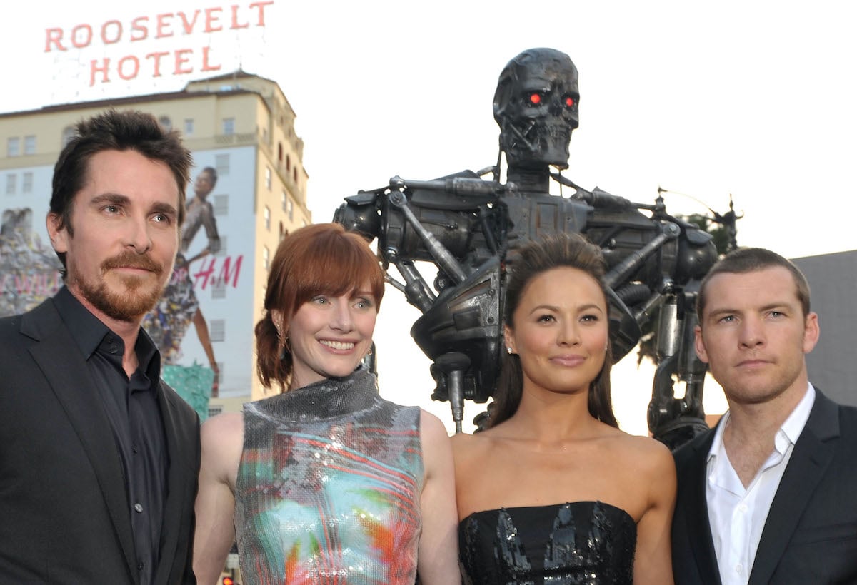 Christian Bale, Bryce Dallas Howard, Moon Bloodgood, and Sam Worthington are dressed up and posing at the ‘Terminator Salvation’ premiere