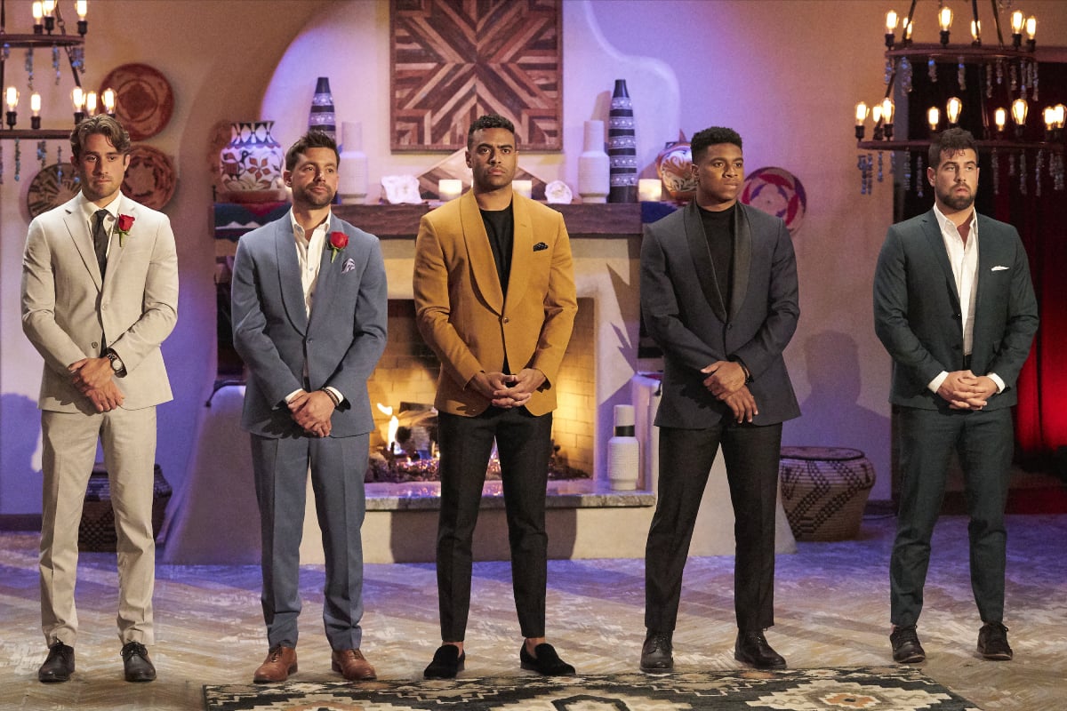 Greg Grippo, Michael Allio, Justin Glaze, Andrew Spencer and Blake Moynes await the rose ceremony in Katie Thurston's season of 'The Bachelorette'