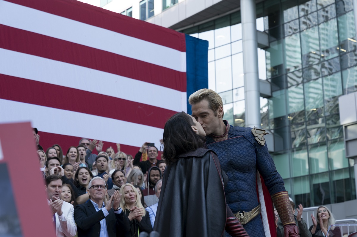 (L-R): Aya Cash (Stormfront), Antony Starr (Homelander) In 'The Boys' Season 2 