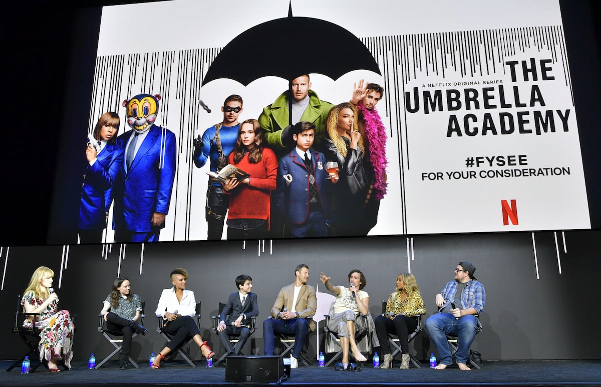 Laura Prudom, Elliot Page, Emmy Raver-Lampman, Aidan Gallagher, Tom Hopper, Robert Sheehan, Mary J. Blige and Cameron Britton speak onstage at Netflix's 'Umbrella Academy' Screening