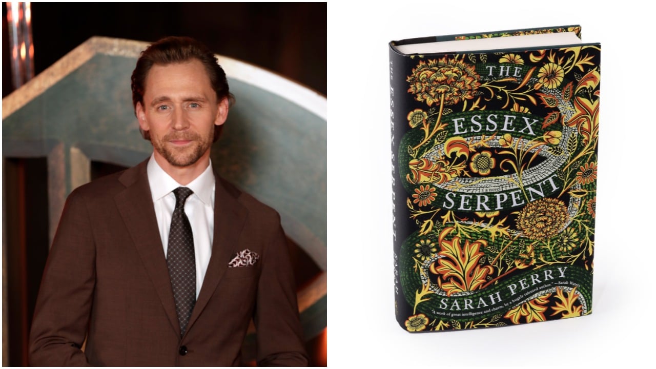 photo of Tom Hiddleston in a brown suit next to image of 'The Essex Serpent' book