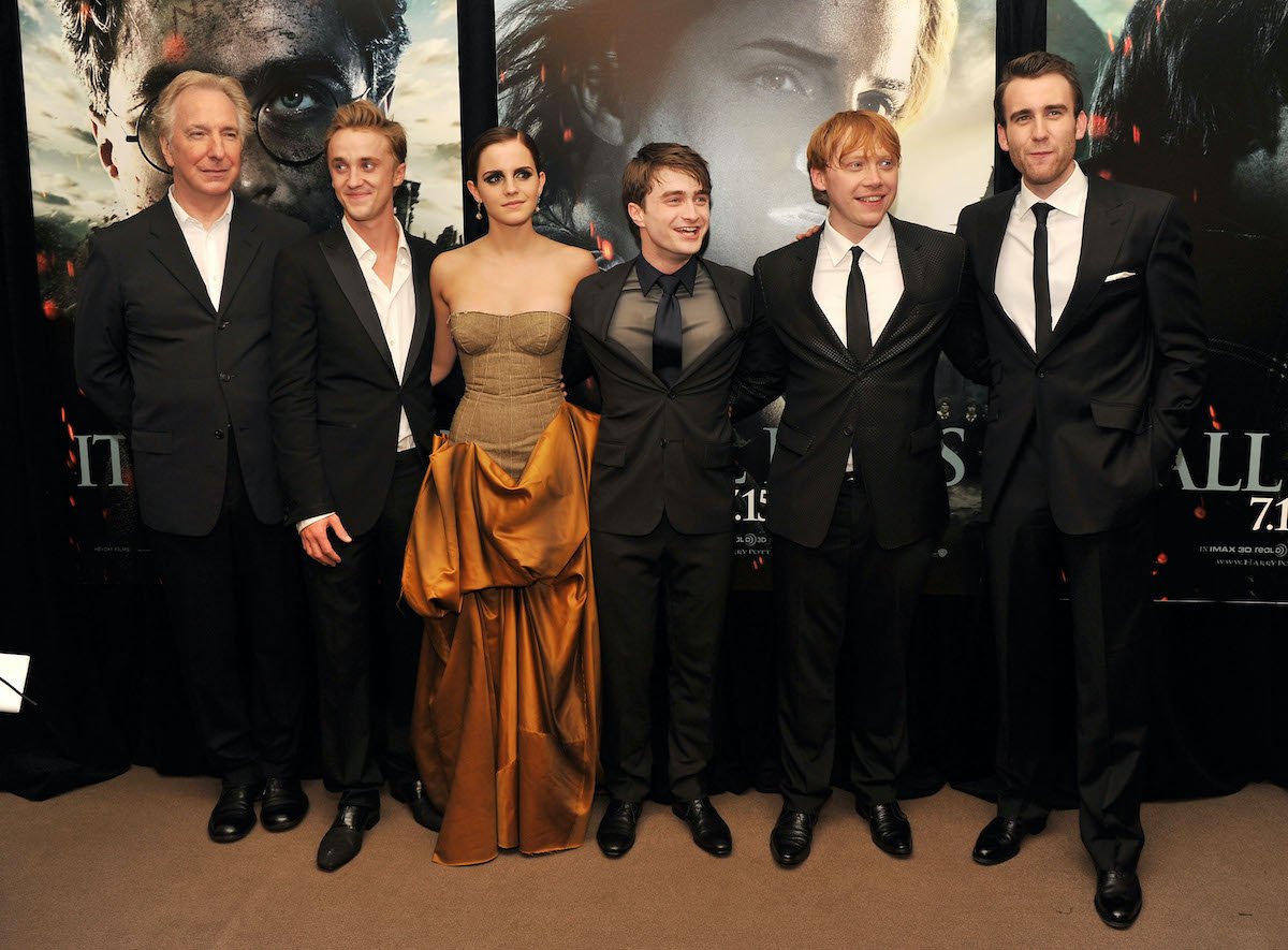 Harry Potter cast Alan Rickman, Tom Felton, Emma Watson, Daniel Radcliffe, Rupert Grint, and Matthew Lewis