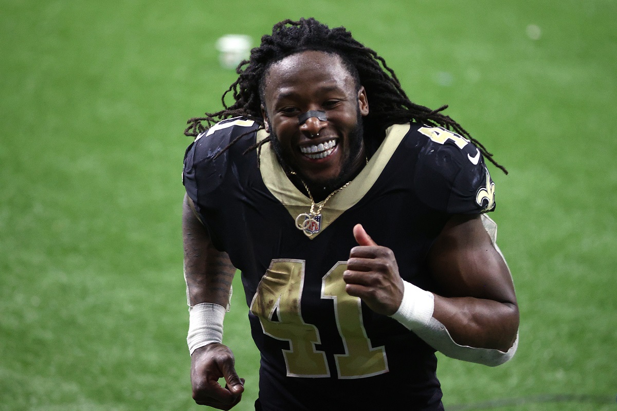 Alvin Kamara of the New Orleans Saints celebrates after a win against the Chicago Bears