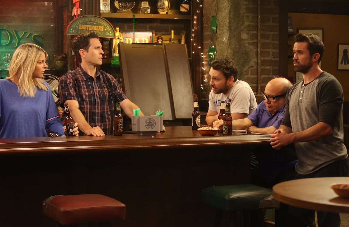Pictured: (l-r) Kaitlin Olson as Dee, Glenn Howerton as Dennis, Charlie Day as Charlie, Danny DeVito as Frank, Rob McElhenney as Mac from 'It's Always Sunny in Philadelphia'.