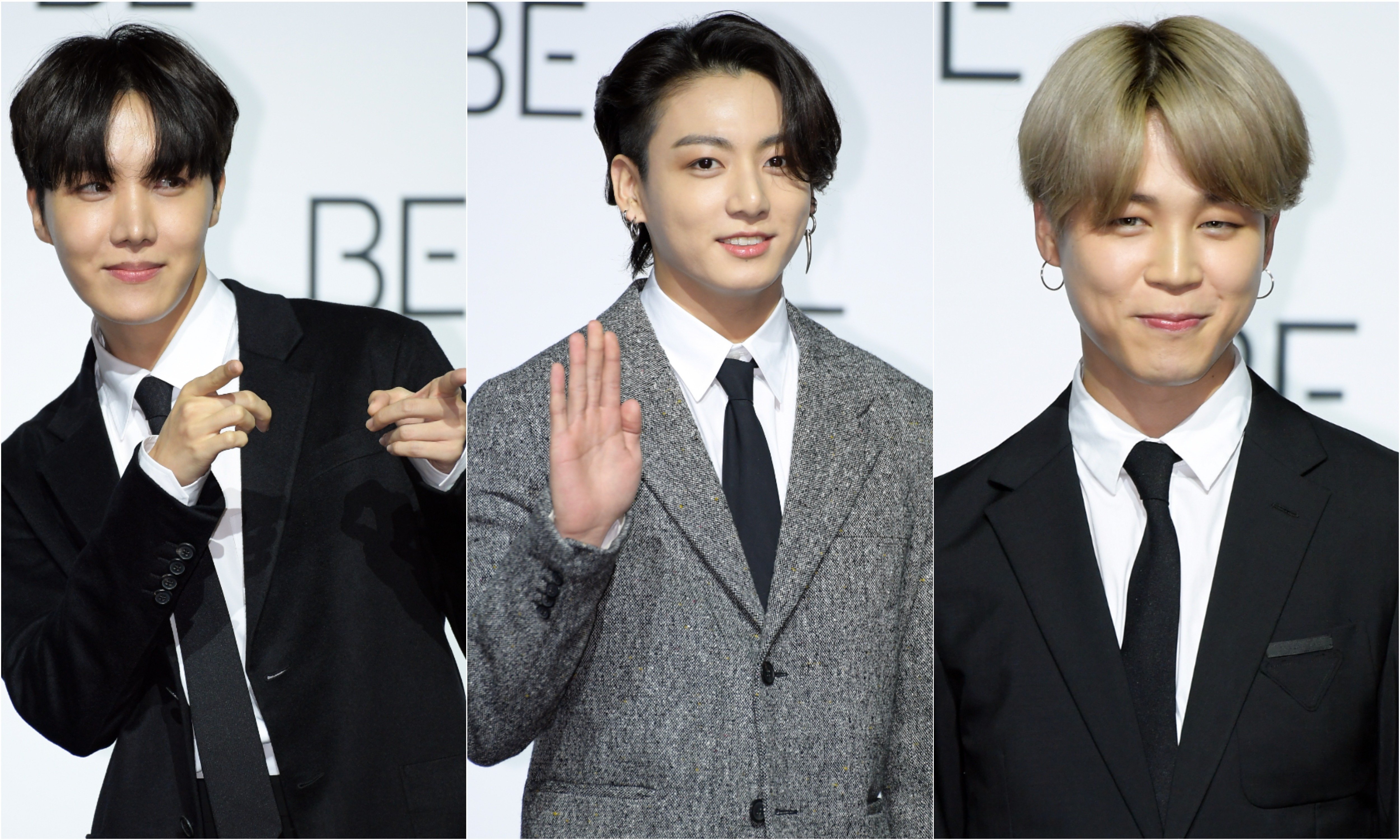 A joined photo of J-Hope, Jungkook, and Jimin of BTS