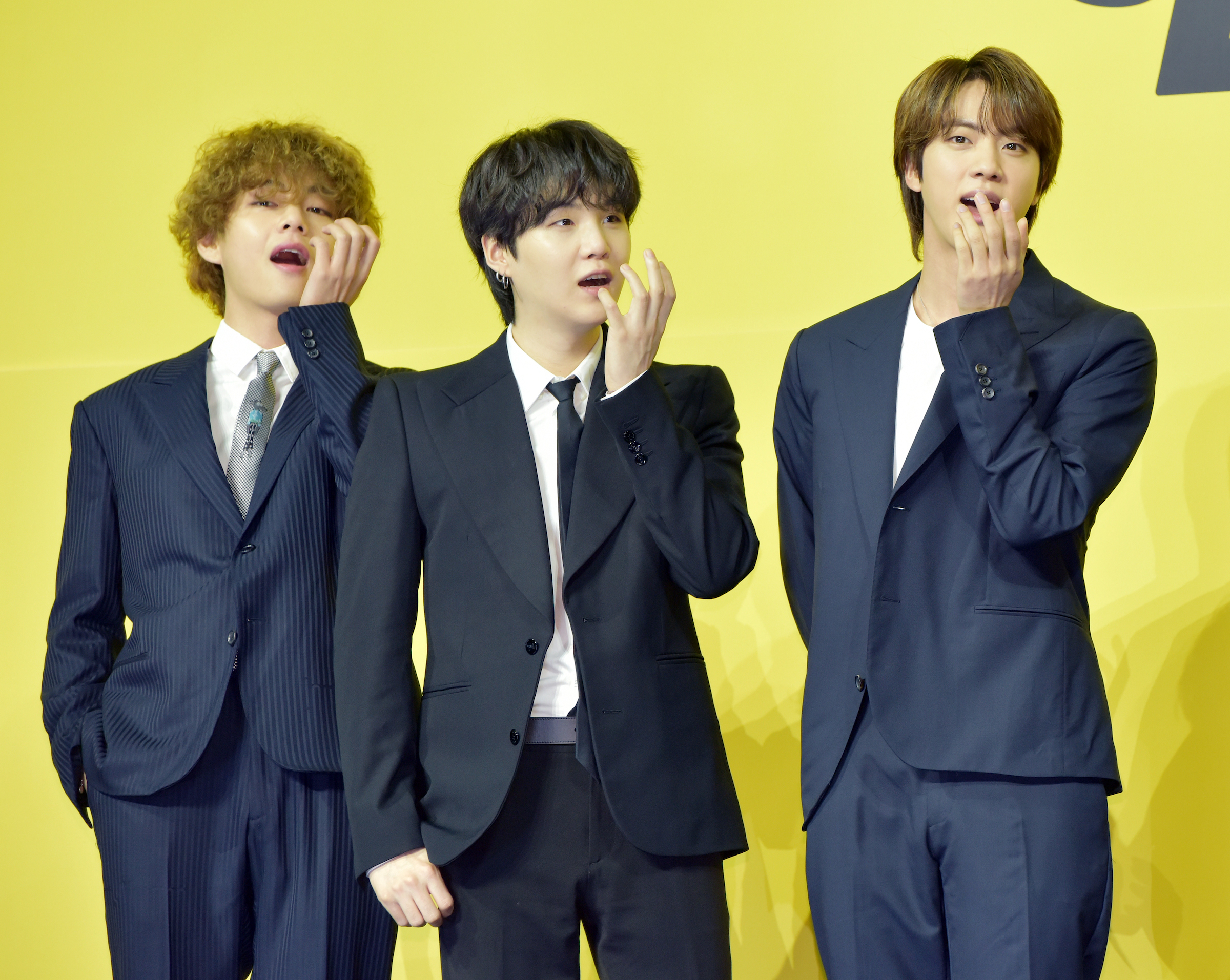 V, Suga, Jin, of BTS attend a press conference for BTS' new digital single 'Butter'