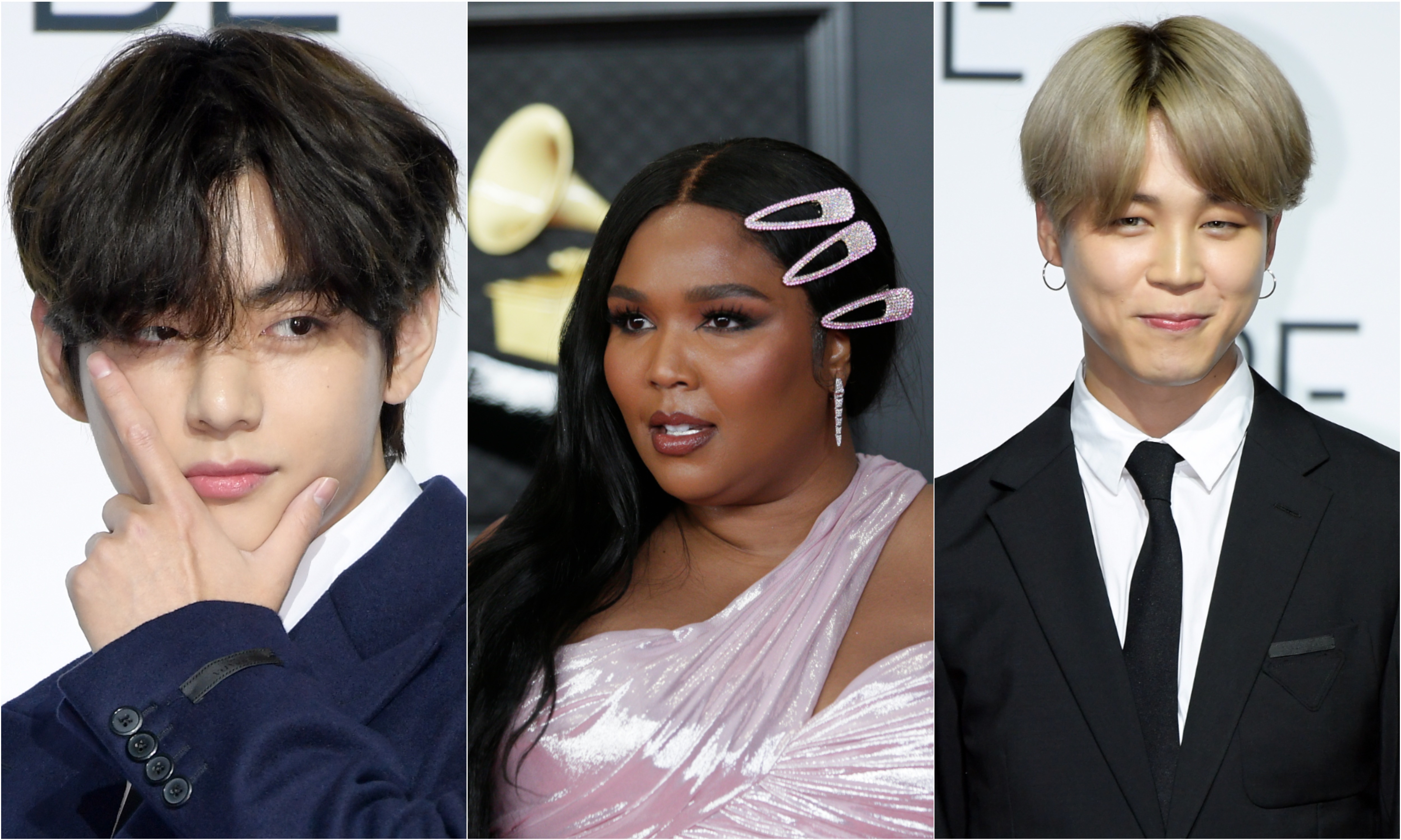 A joined photo of V of BTS, Lizzo, and Jimin of BTS