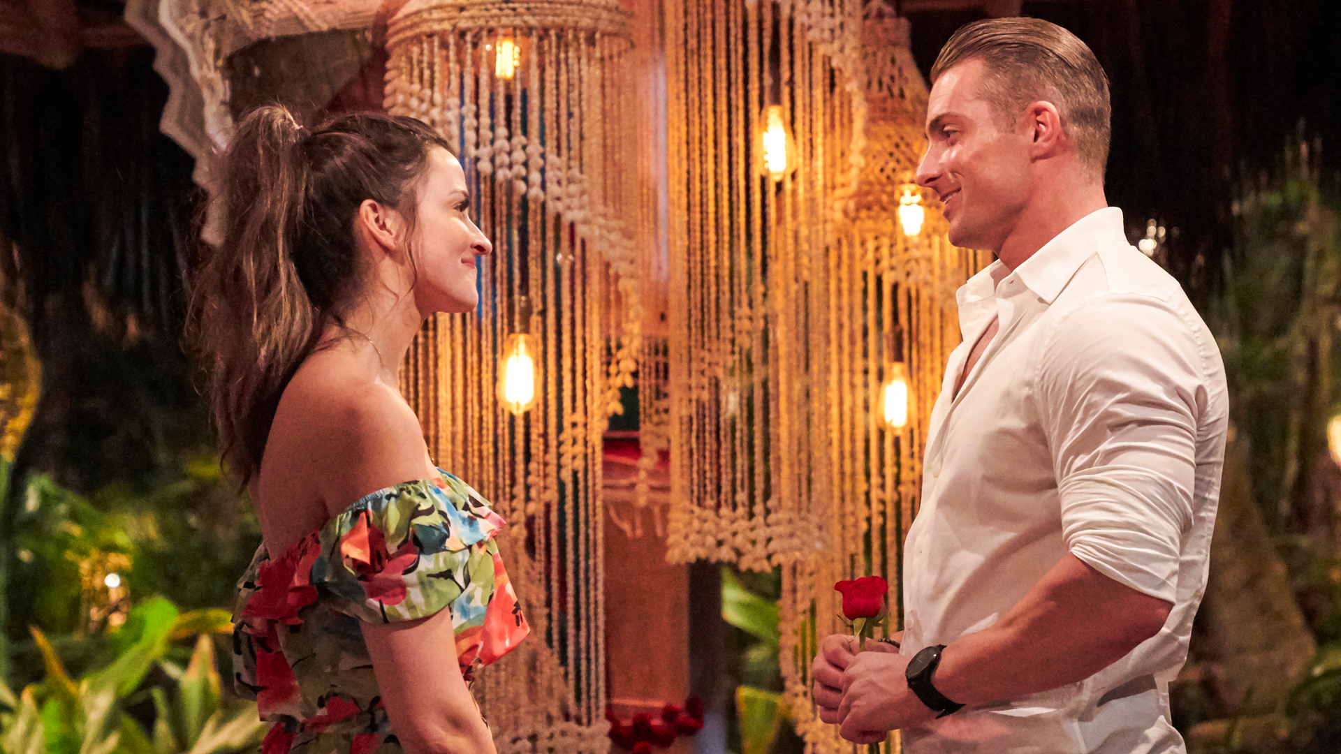 Tia Booth gives James Bonsall a rose at an elimination ceremony in ‘Bachelor in Paradise’ Season 7