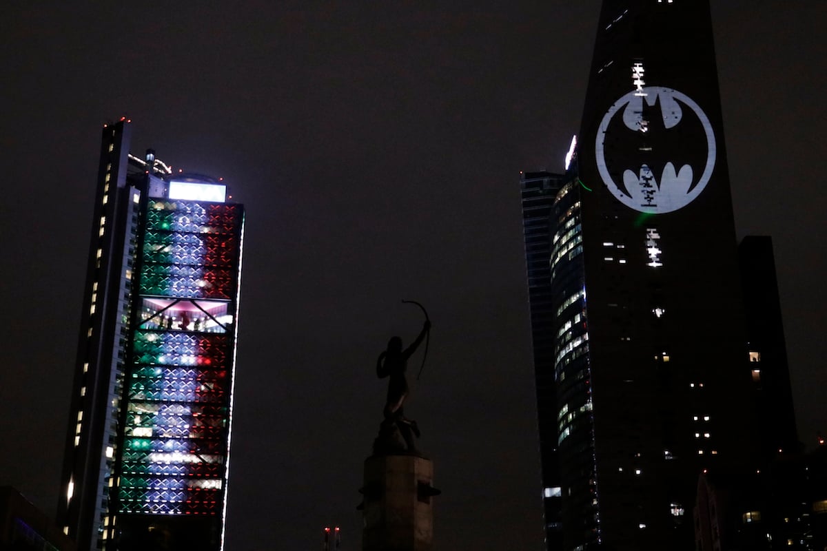 The Bat Signal projected on a building in Mexico City, Mexico. Batman is a key character in the upcoming 'Injustice' movie.