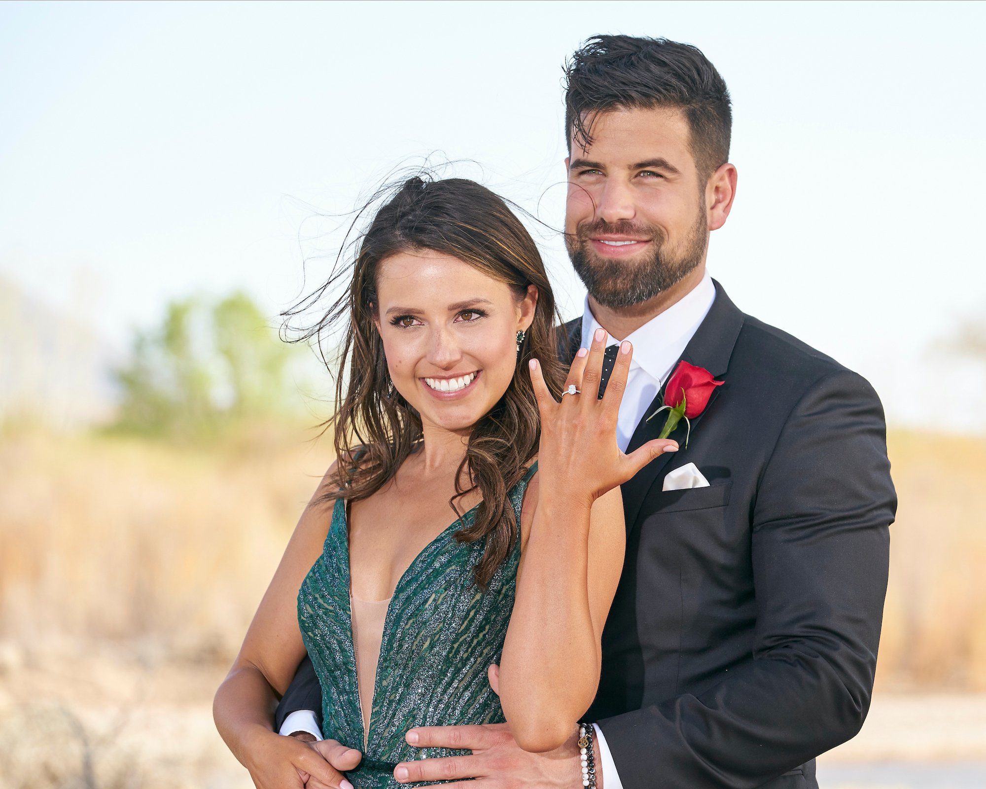 'The Bachelorette' Katie holding up her engagement ring with Blake Moynes, embracing her