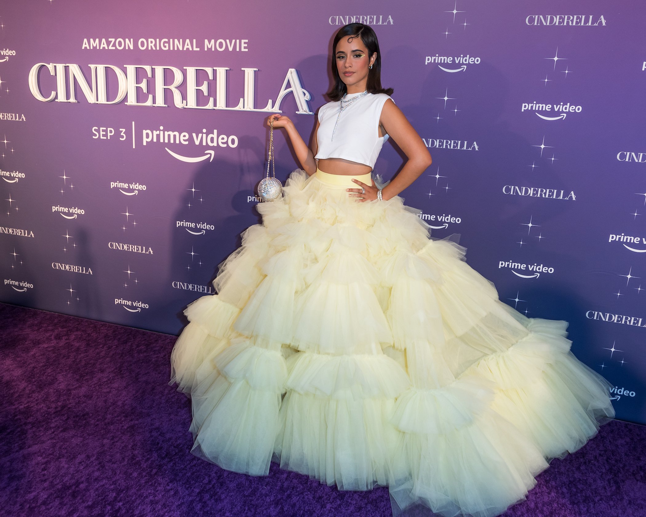 Camila Cabello grazes the Miami premiere of Amazon Prime Video's Cinderella in a large ball gown skirt