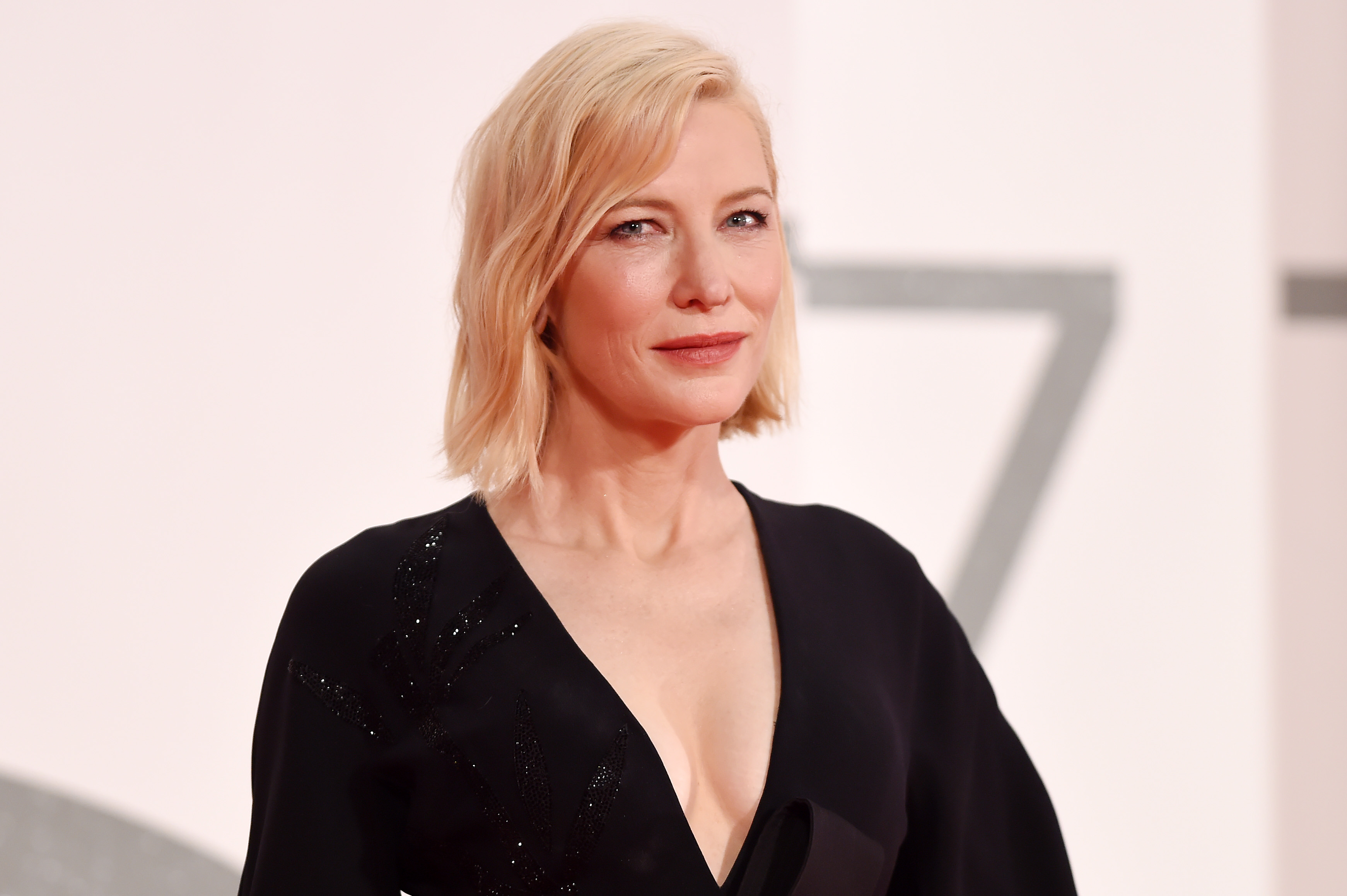 Cate Blanchett, in a black dress, at the Venice Film Festival in 2020.